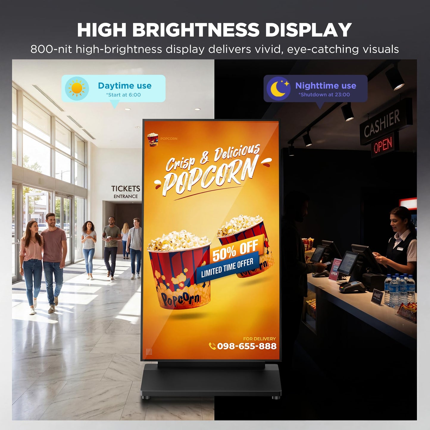 JASZDOT 43 Inch Digital Signage Display, 4K 800 Nits UHD Full Screen LCD Advertising Kiosk, Portable Floor Standing Auto AD Player Android14 App-Based Control with USB/HDMI/WiFi