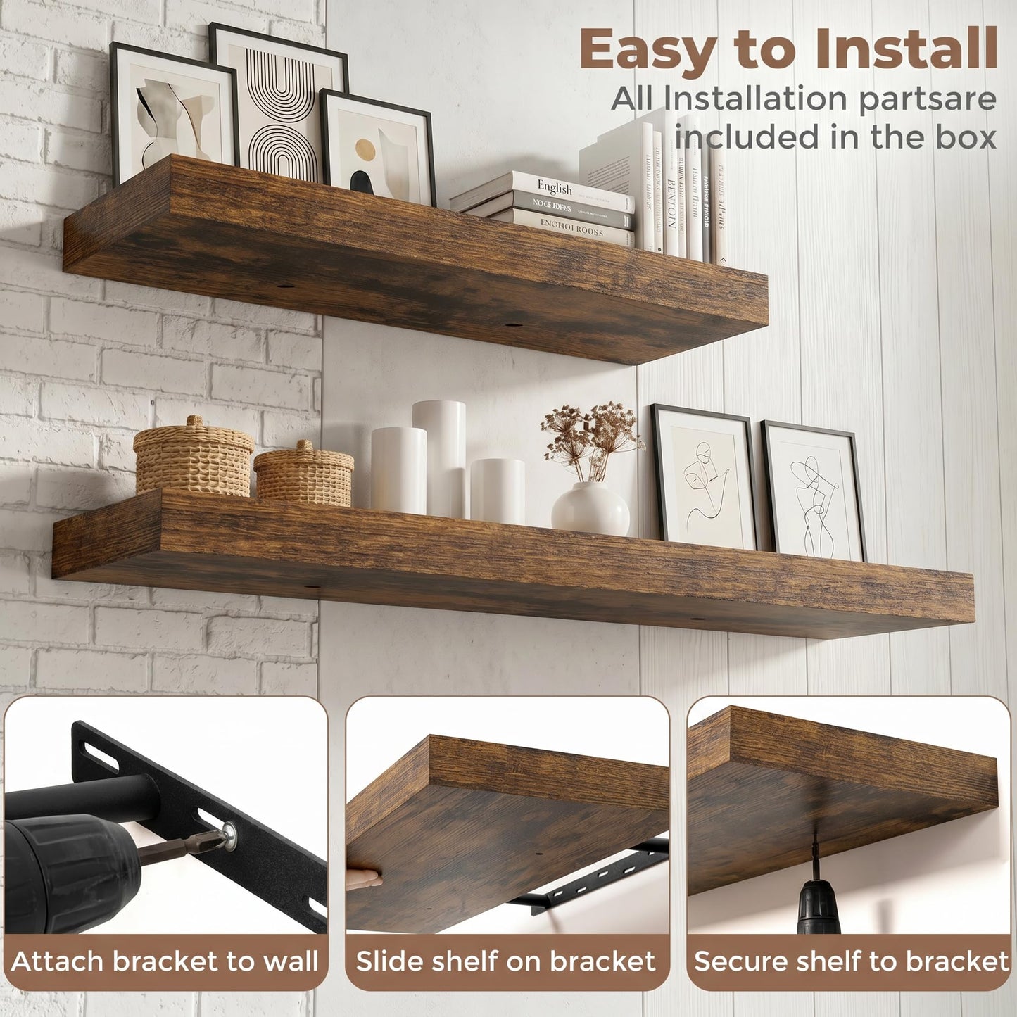 FLYJOE Floating Shelves for Wall, 72 Inch Floating Shelves Set of 2, 8" D Wooden Wall Mounted Display Shelves with Invisible Brackets for Living Room, Bedroom, Bathroom, Kitchen Decor, Brown