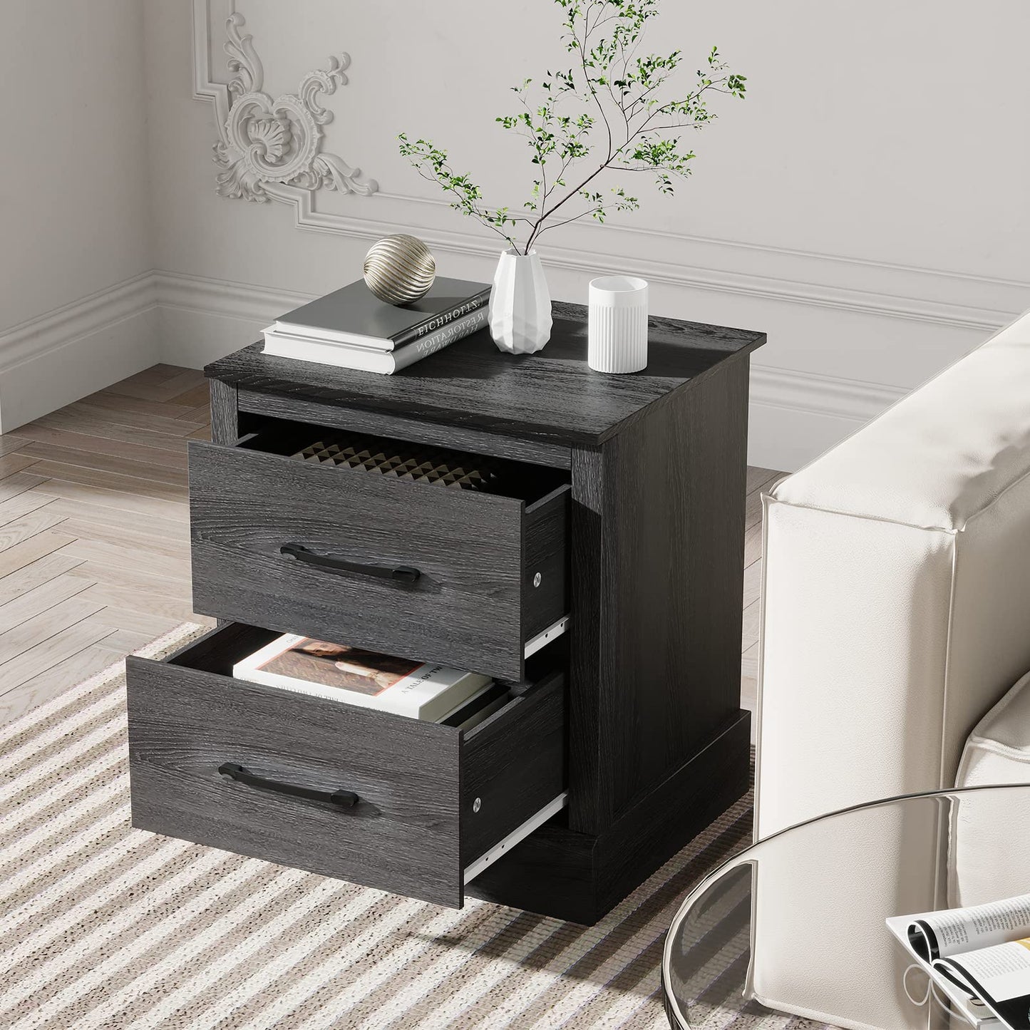 Giantex Farmhouse Nightstand Set of 2, Wood Bedside Table with 2 Storage Drawers, Compact Floor Night Stand End Table, Accent Sofa Side Table for Bedroom, Grey Oak