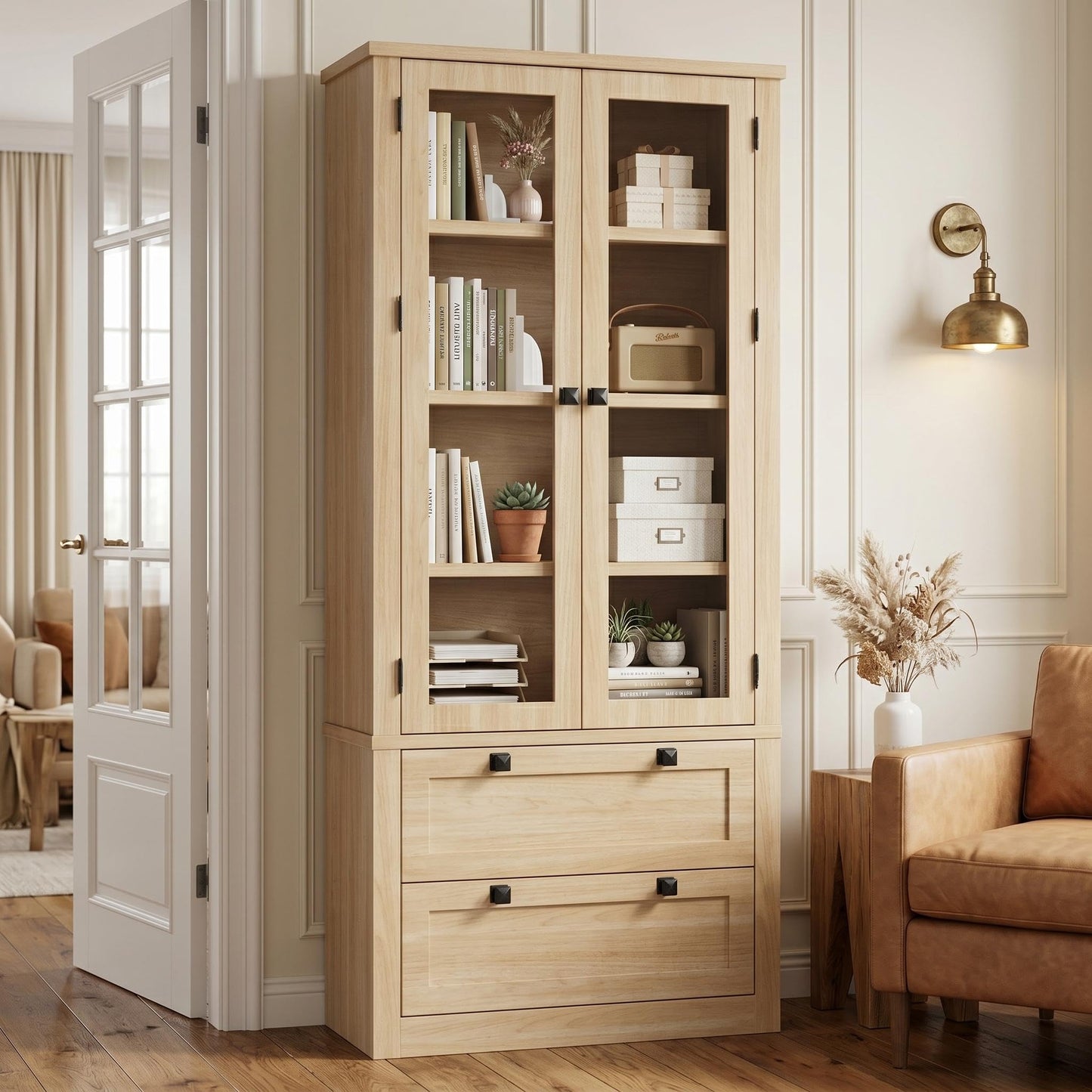 71" Tall Kitchen Pantry Cabinet - Modern Display Storage Cabinet with 2 Large Drawers, Glass Doors, and Adjustable Shelves, Farmhouse Kitchen Cupboard for Dining Room, Bathroom, Living Room, Natural