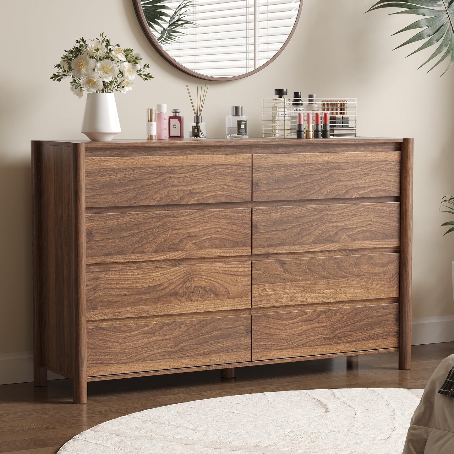 CHUWELL Walnut Dresser for Bedroom，55" Wide Mid Century Chest of Drawers with 8 Large Storage Space and 4 Solid Wood Cylindrical Legs,8 Drawer Large Dresser for Bedroom