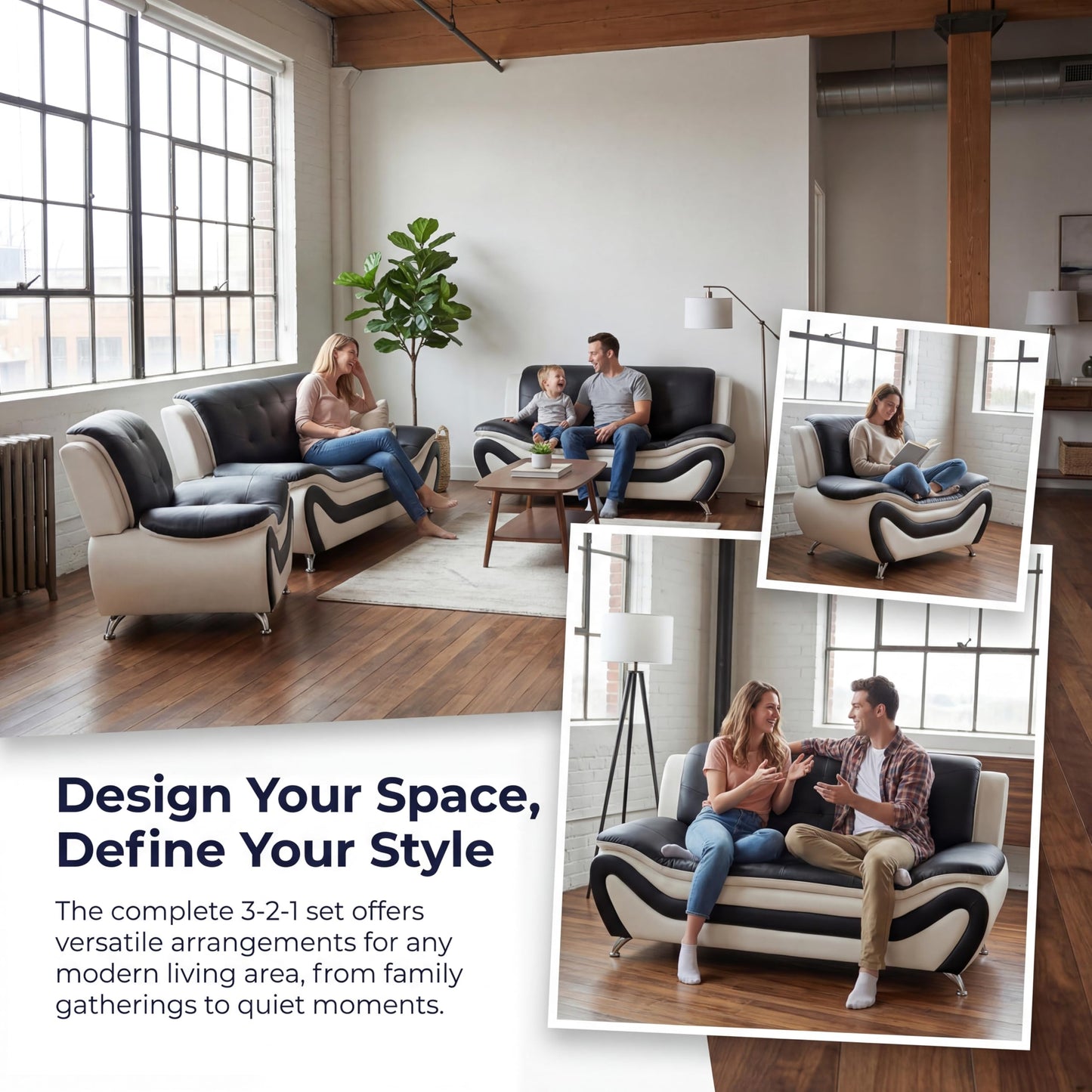 Trygoal 3 Piece Sofa Sets for Living Room, Modern Sectional Couch and Loveseat & Armchair Set, Mid-Century Furniture Sets for Living Room, Apartment, Office, Black & White