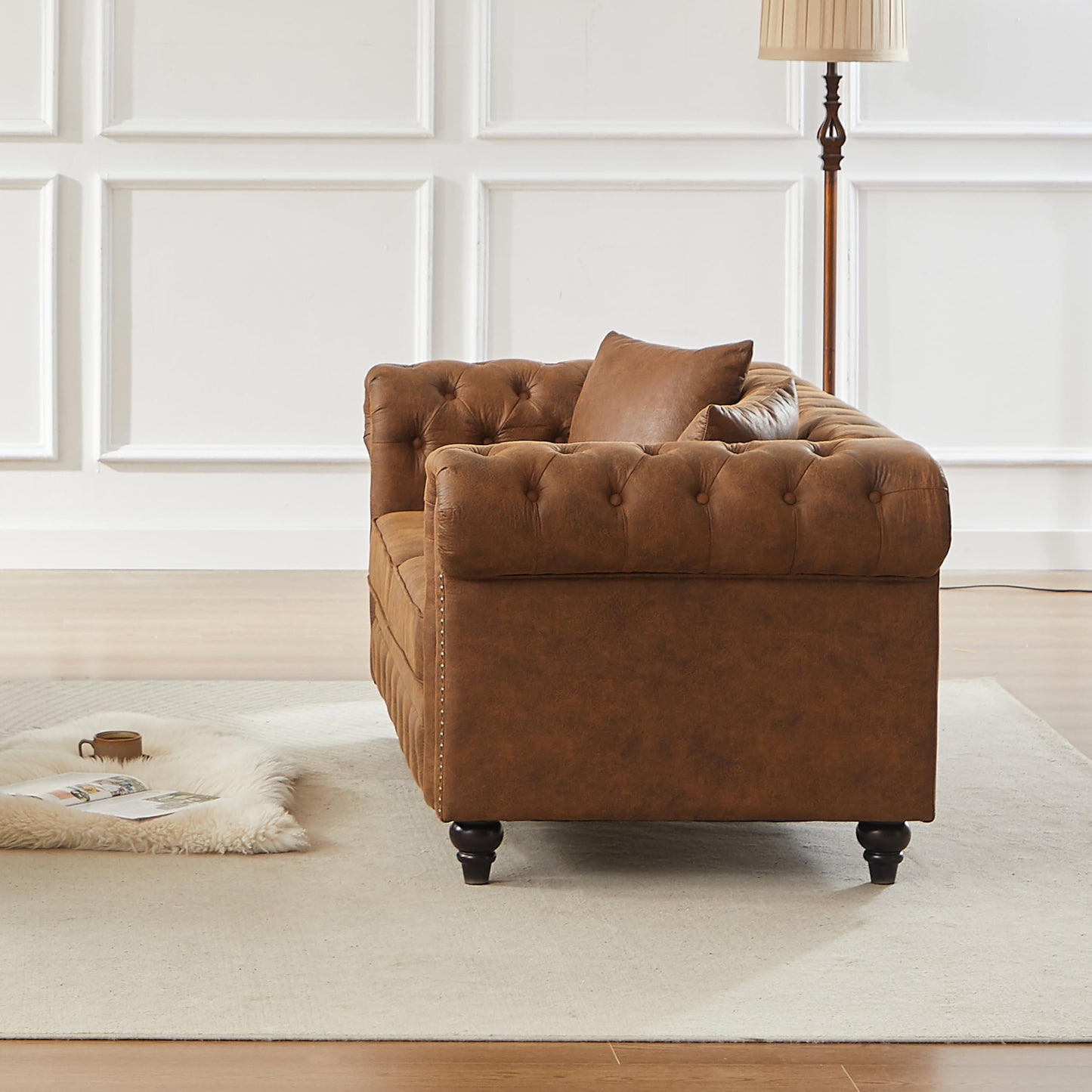 KEIKI Chesterfield Sofa, Retro Style Upholstered 3+3 Seats Tech Fabric Couch with Rolled Arm for Living Room Bedroom Office, Brown