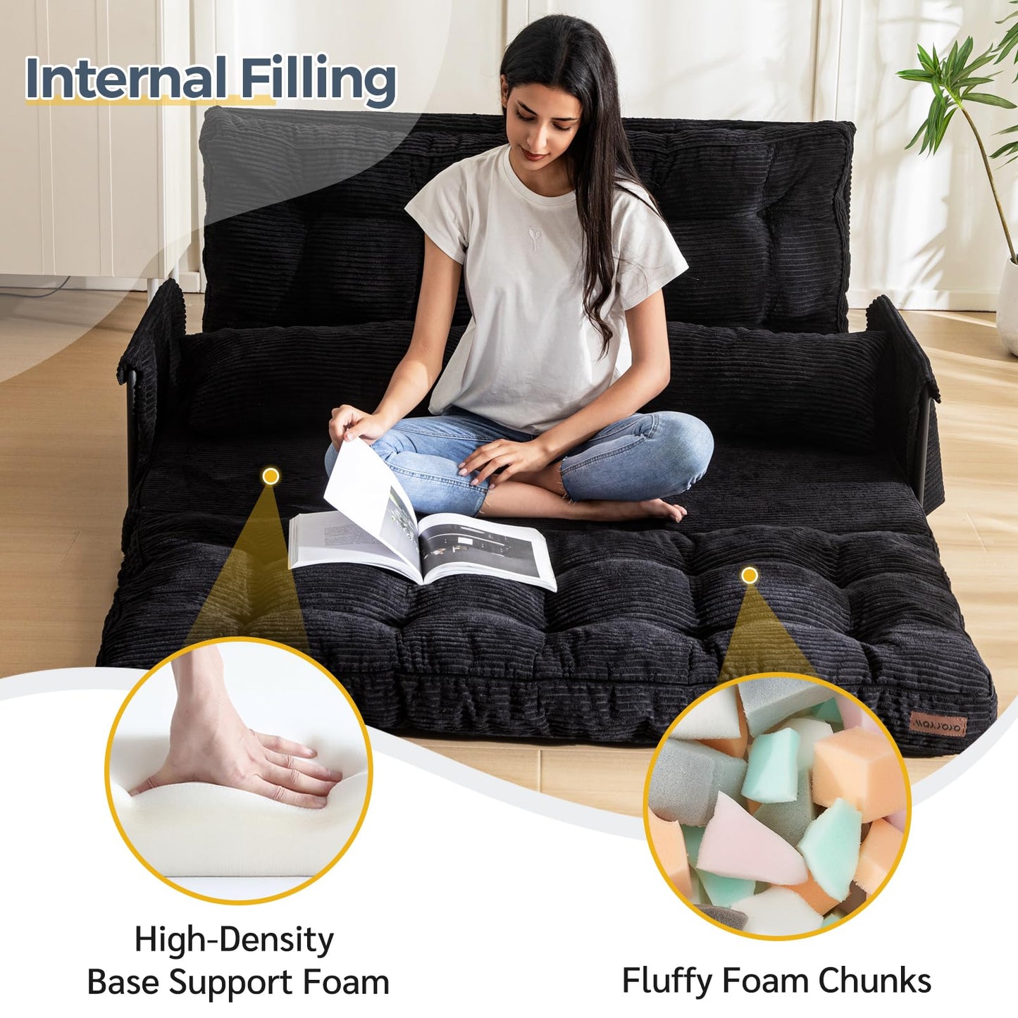 MAXYOYO Adjustable Floor Sofa Couch with 2 Pillows, Multi-Functional Bean Bag Bed, 5-Position Foldable Lazy Sofa Bed with Armrest, Versatile Floor Seating for Reading, Black, Double
