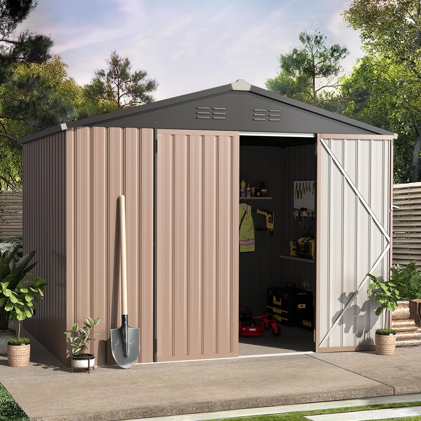 AECOJOY 6' x 8' Outdoor Metal Storage Shed, Heavy Duty Garden Tool Shed with Lockable Double Hinged Door, Small Lawn Mower & Bike Storage Shed for Backyard, Patio - Gray