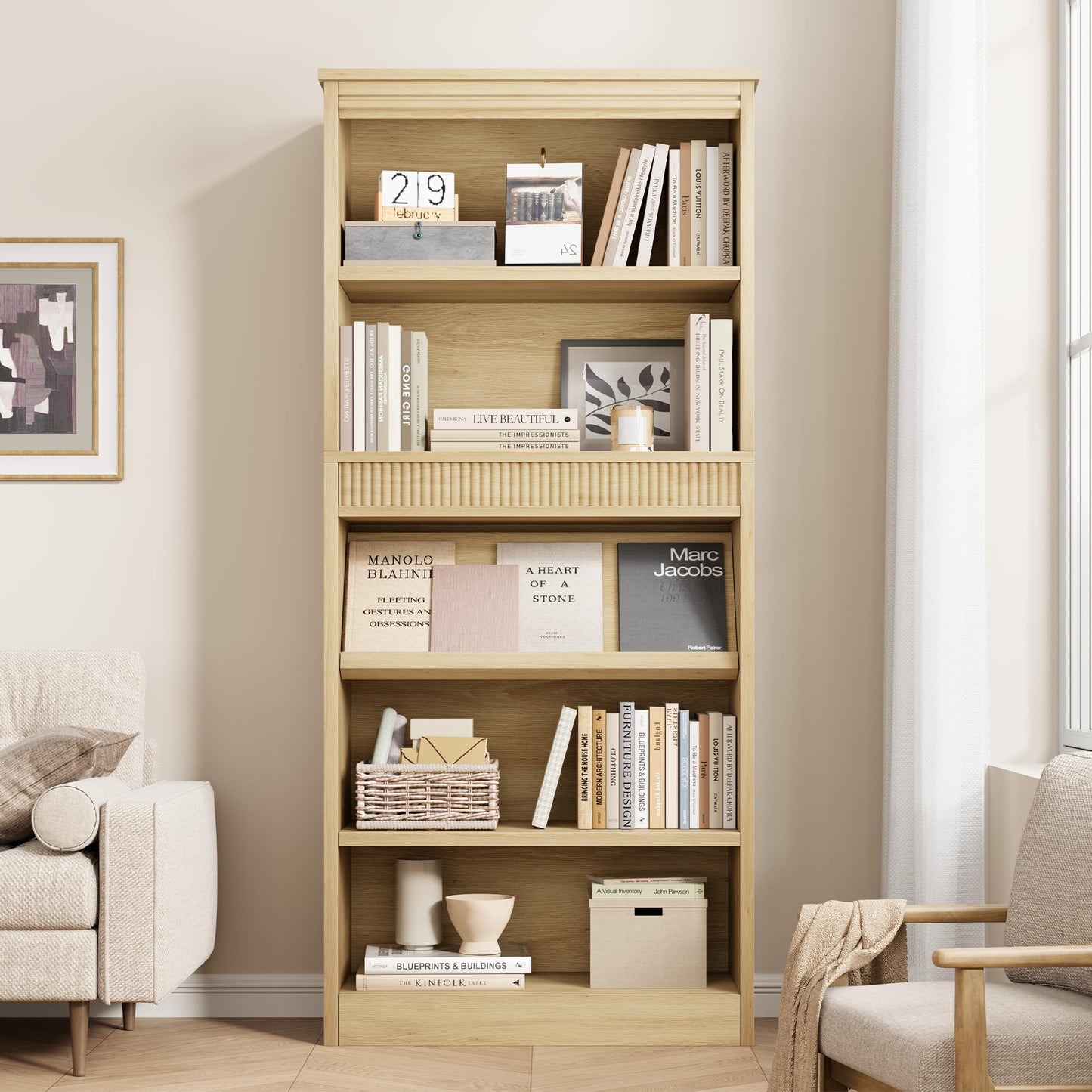 GarveeHome 71 in Farmhouse Bookcase w/Display Rack & Fluted Design, 5 Tier Tall Bookshelf with Wooden Base, Wood Bookshelf Vintage Book Shelf for Office Library (Nature, 71.5" H x 30.7" W x 11.9" D)