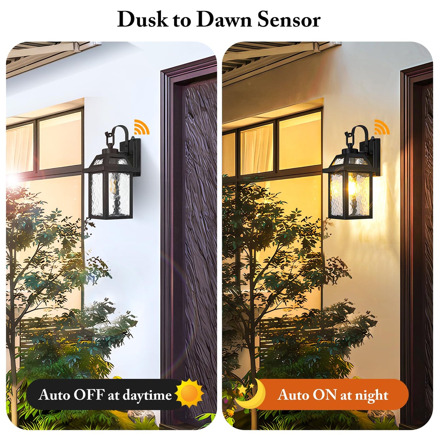 BesLowe Dusk to Dawn Outdoor Wall Lights, Black Metal, 13.8in 2-Pack, Model 30266S, Water Ripple Glass Sconces