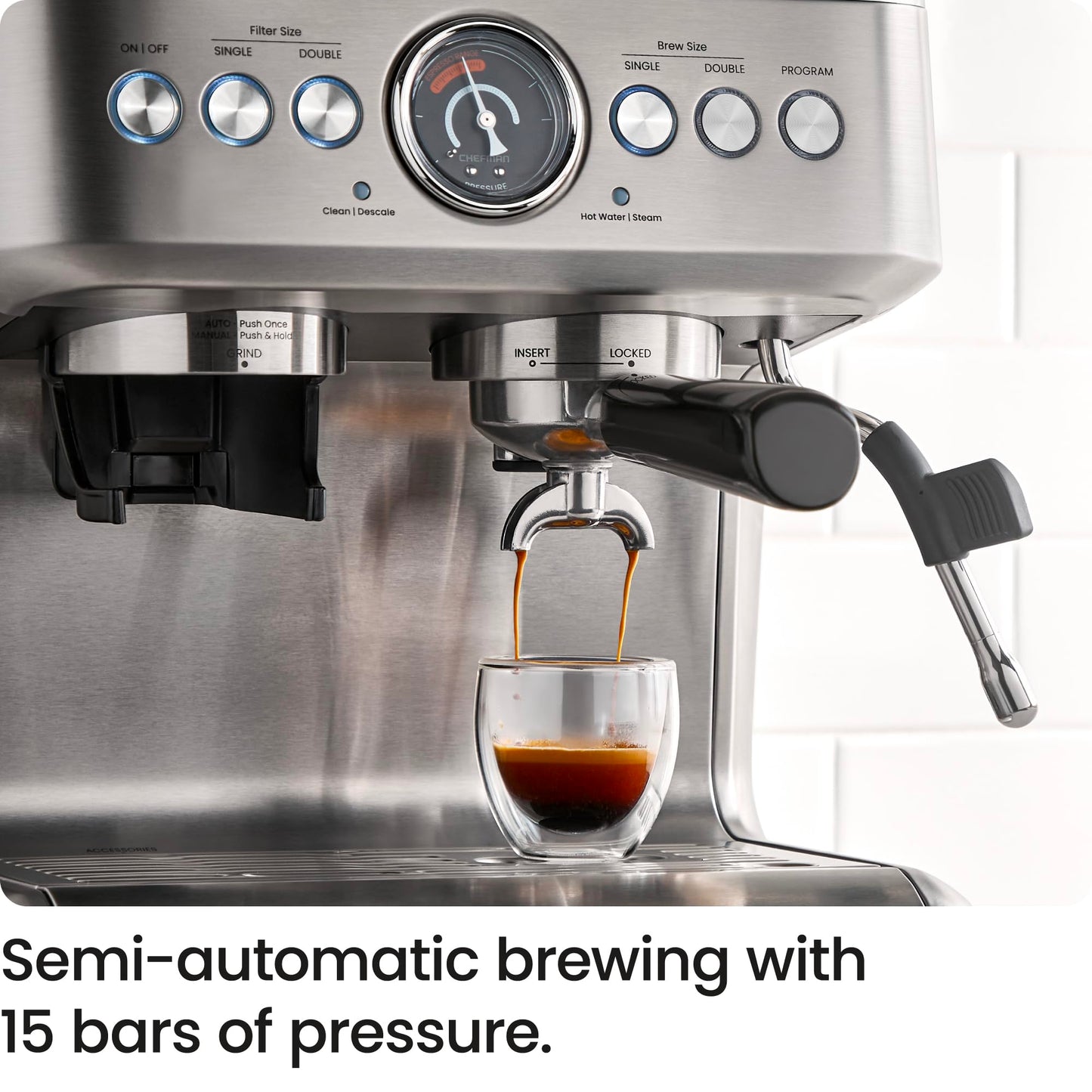 Chefman Crema Supreme 15 Bar Espresso Machine with Milk Frother, Barista Steam Wand, Professional Coffee Maker with Coffee Grinder, 30 Grind Settings, 3L Removable Water Tank - Stainless Steel