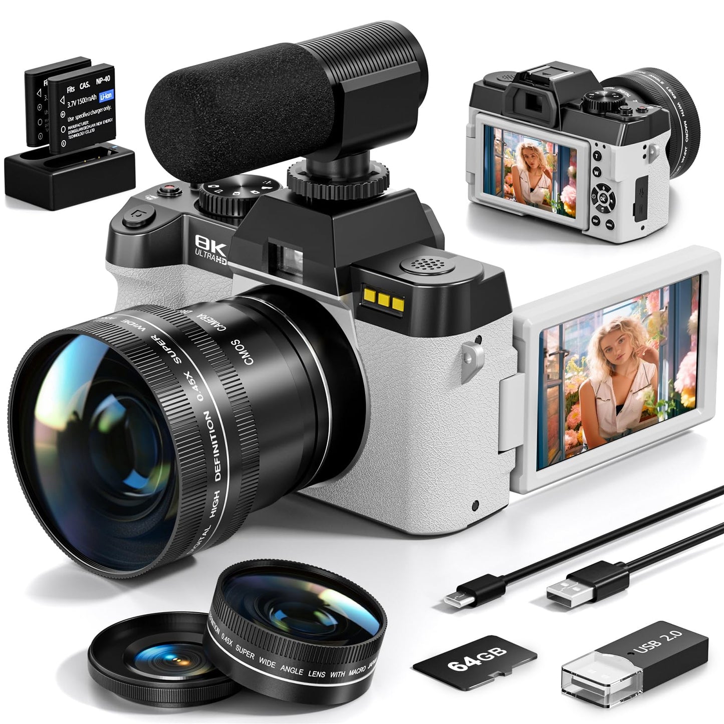 8K Digital Cameras for Photography, 64MP Vlogging Camera with 180°Flip Screen，2 Batteries, 64GB TF Card，16X Zoom, WiFi,Microphone, Wide & Macro Lens Kit (Black) (White)