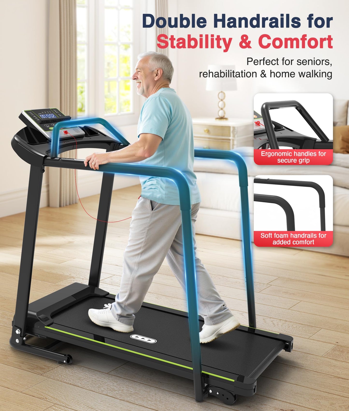 Redliro Walking Treadmill for Seniors with Long Handrails - 0.3 MPH Slow Start, 300 lb Capacity Recovery Foldable Treadmill for Home, 0–2% Incline Fully Flat, Auto Lubrication