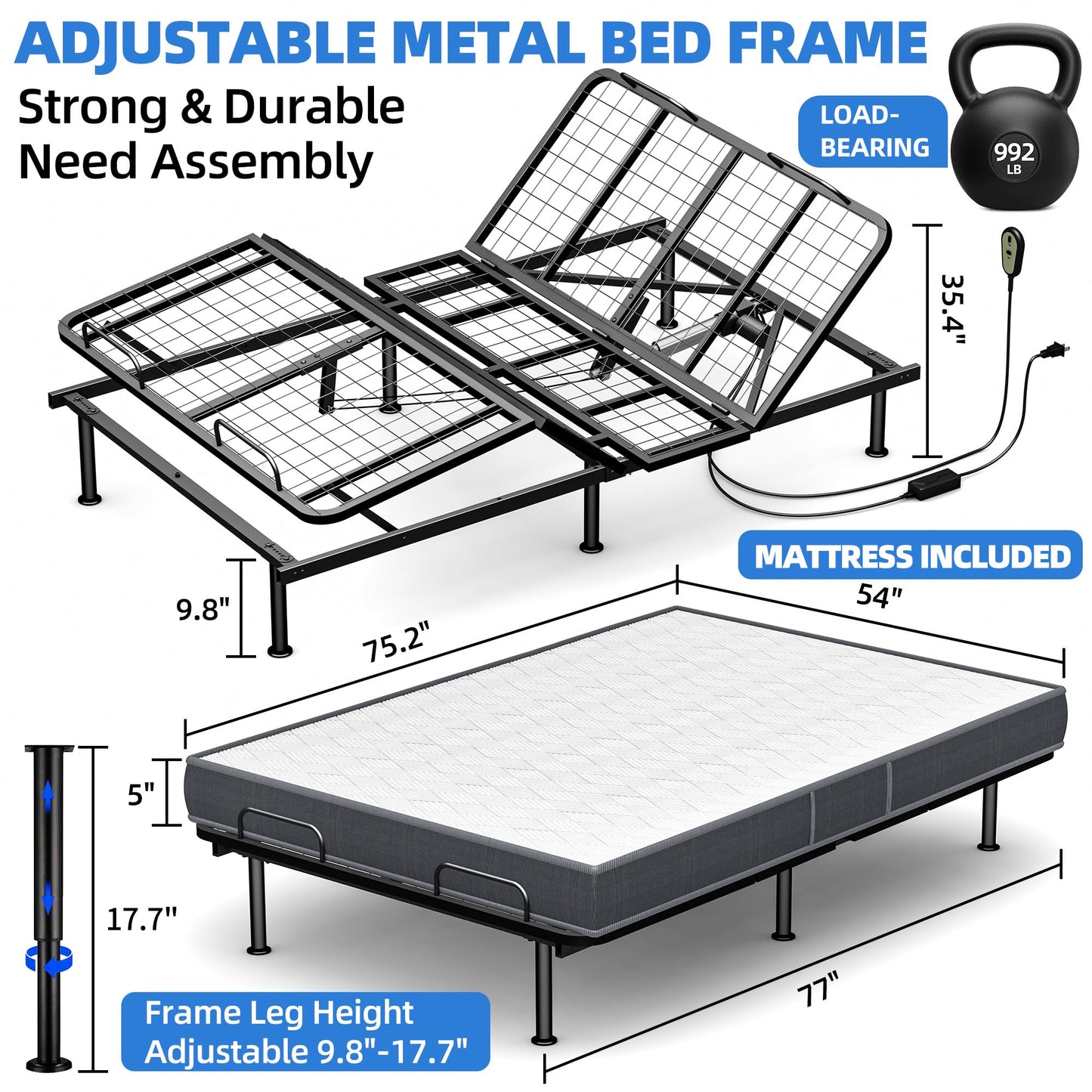 AESOROMO Full Size Adjustable Bed Frame Base with Mattress Electric Bed Simultaneous Head & Foot Incline Zero Gravity Aniti-Snore Adjustable Leg Heights 5 Inch Foam Mattress