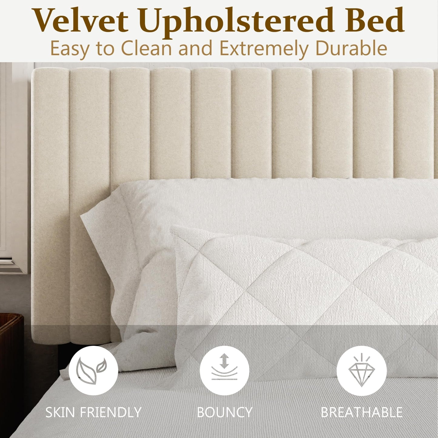 Sismplly Queen Size Bed Frame with Velvet Upholstered Headboard, Platform Bed with Strong Wood Slats, Mattress Foundation, Box Spring Optional, Easy Assembly, Beige
