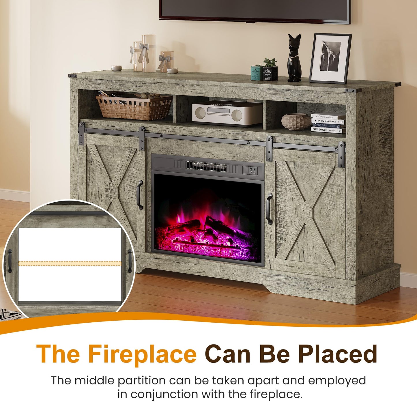 RoyalCraft Farmhouse TV Stand for 23" Electric Fireplace, 34'' Tall Entertainment Center for 65+ Inch TV, 34" Tall Rustic TV Console with Sliding Bar Door for Living Room (Light Grey)