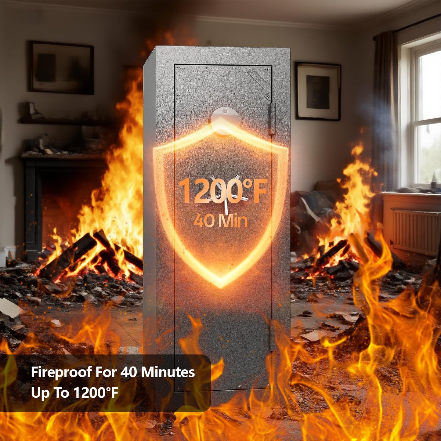 KAER Fireproof 20 Gun Safe 1400°F / 45 Minutes Biometric Gun Safe for Rifles and Pistols Rifle Safe Gun Cabinet Quick Access Gun Safes with Adjustable Shelf and Gun Rack (Gray)