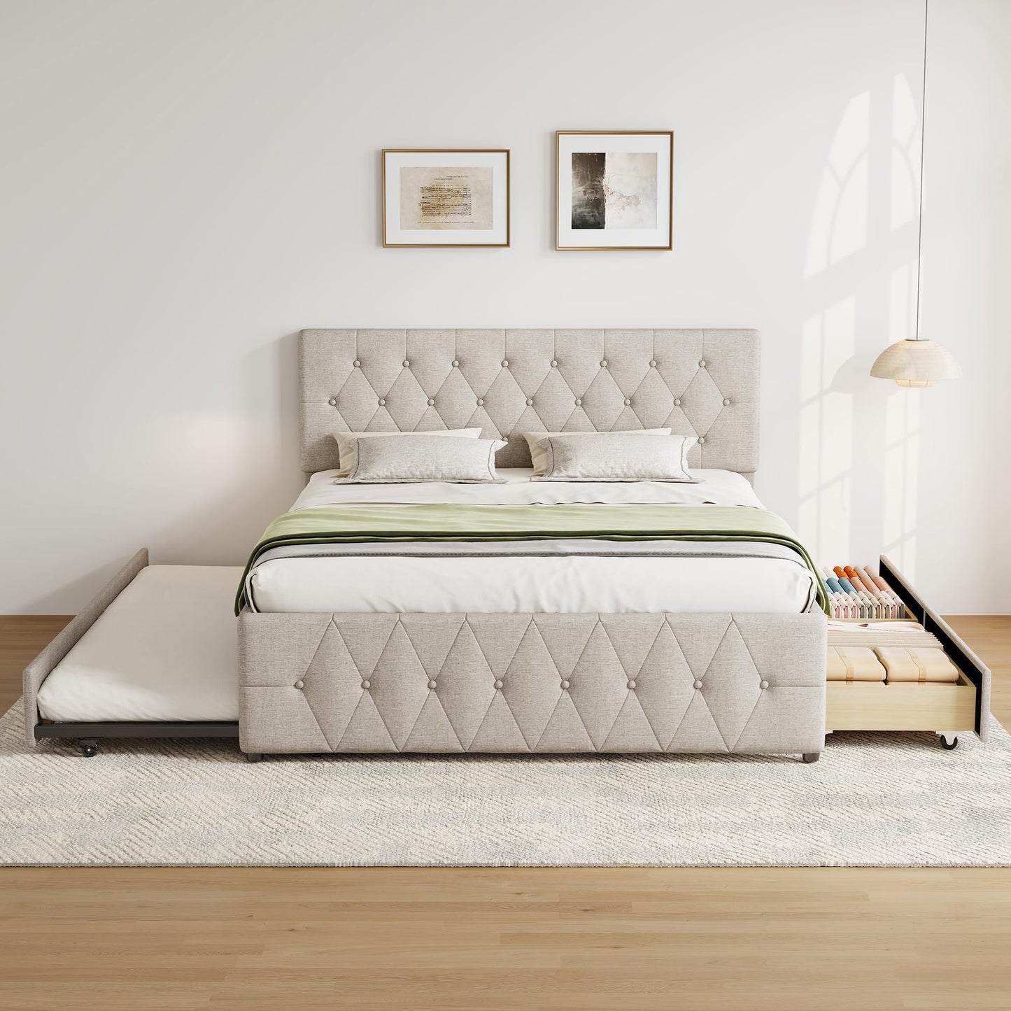 Ball & Cast Queen Bed Frame with Adjustable Headboard,Upholstered Platform Bed Frame Queen Size with 2 Wood Storage Drawers & Pull‑Out Trundle Bed,Wooden Slats Support,No Box Spring Needed,Taupe