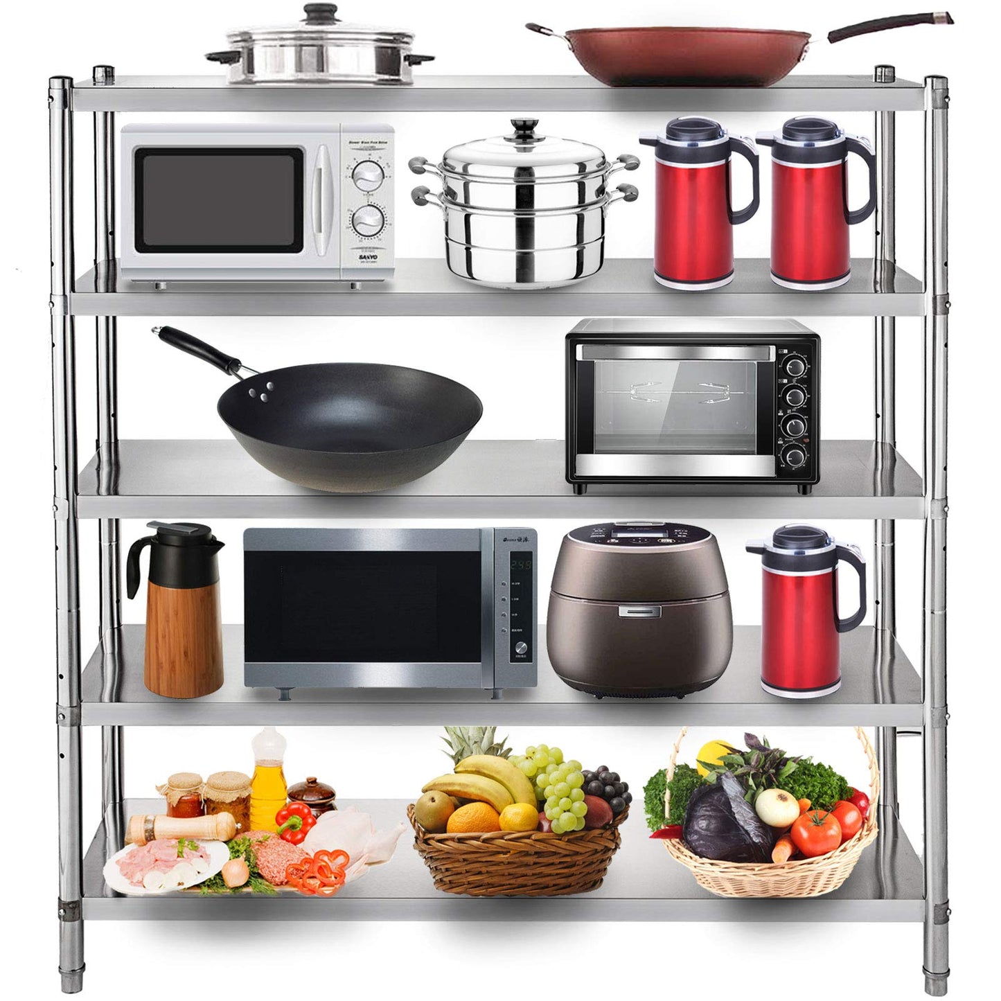 VEVOR Stainless Steel Shelving 60x18.5 Inch 5 Tier Adjustable Shelf Storage Unit Stainless Steel Heavy Duty Shelving for Kitchen Commercial Office Garage Storage 330lb Per Shelf