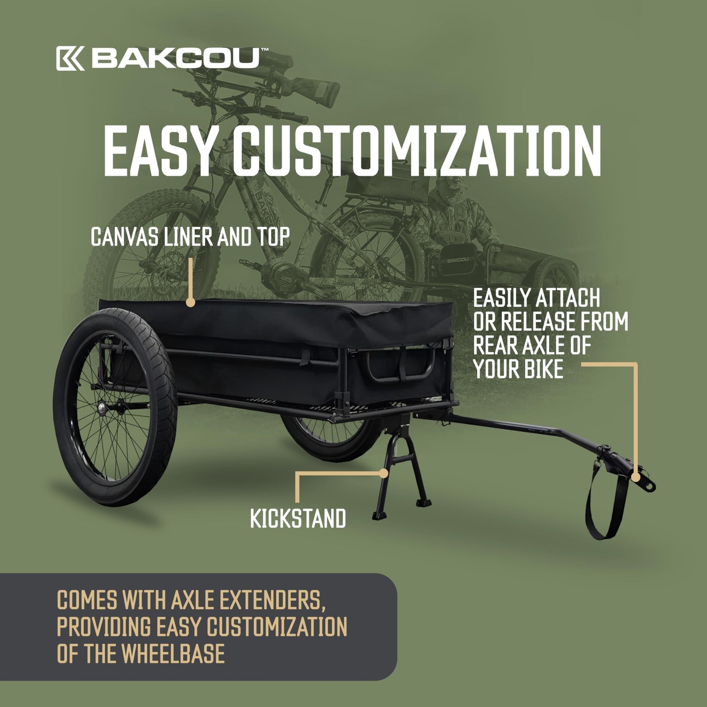 Bakcou - Folding Cargo eBike Trailer with 20" x 3" Fat Tires, Canvas Liner, Hitch, Axle Extenders & Kickstand - 150-200 lbs Capacity