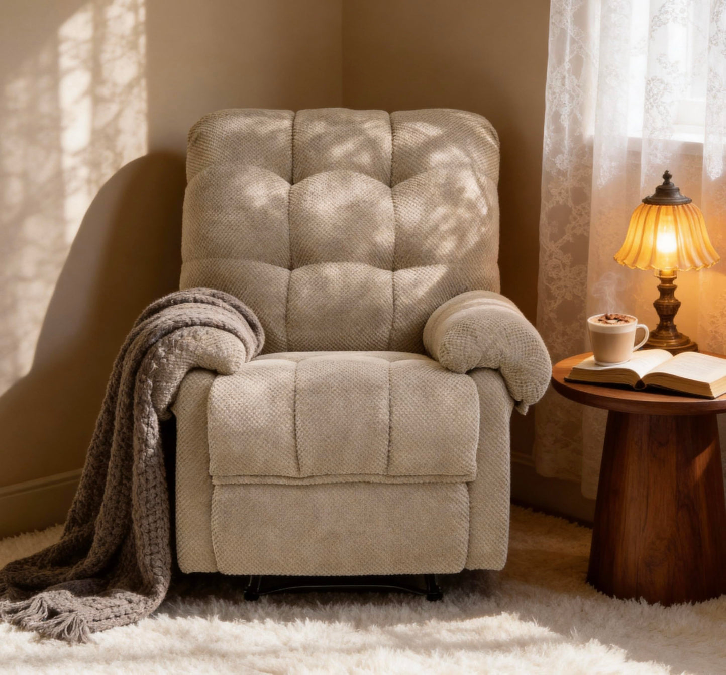 KEIKI Recliner Chair, Nursery Rocker Reclining Chair with Side Pocket, Upholstered Single Sofa for Living Room, Bedroom, Nursing, Reading, Camel