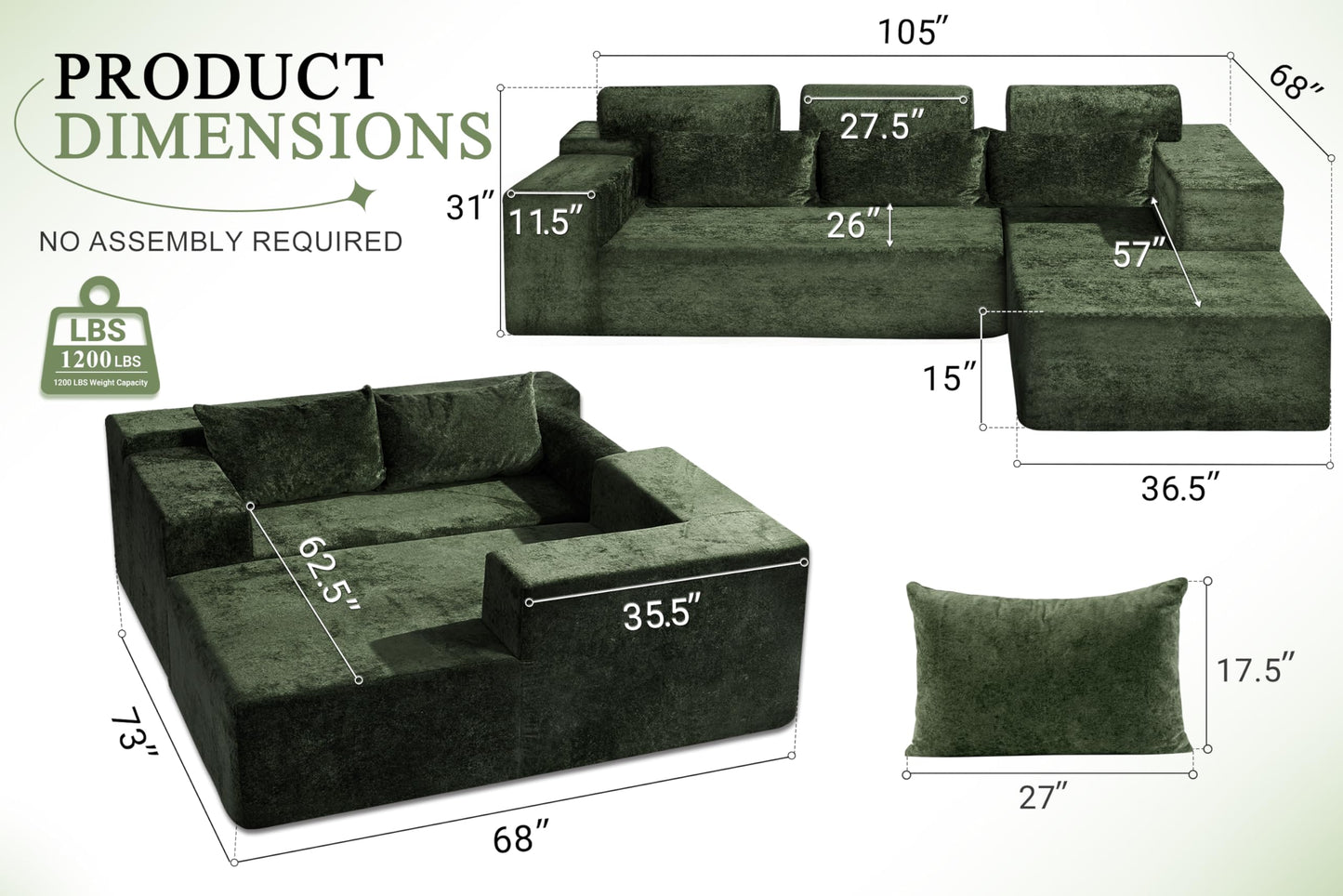 HABUTWAY 105" L-Shape Modular Sectional Sofa Couch for Living Room,No Assembly Required,Modular Comfy Sofa with Deep Seat for Living Room Bedroom,Luxury Distressed Velvet(Right,Green)