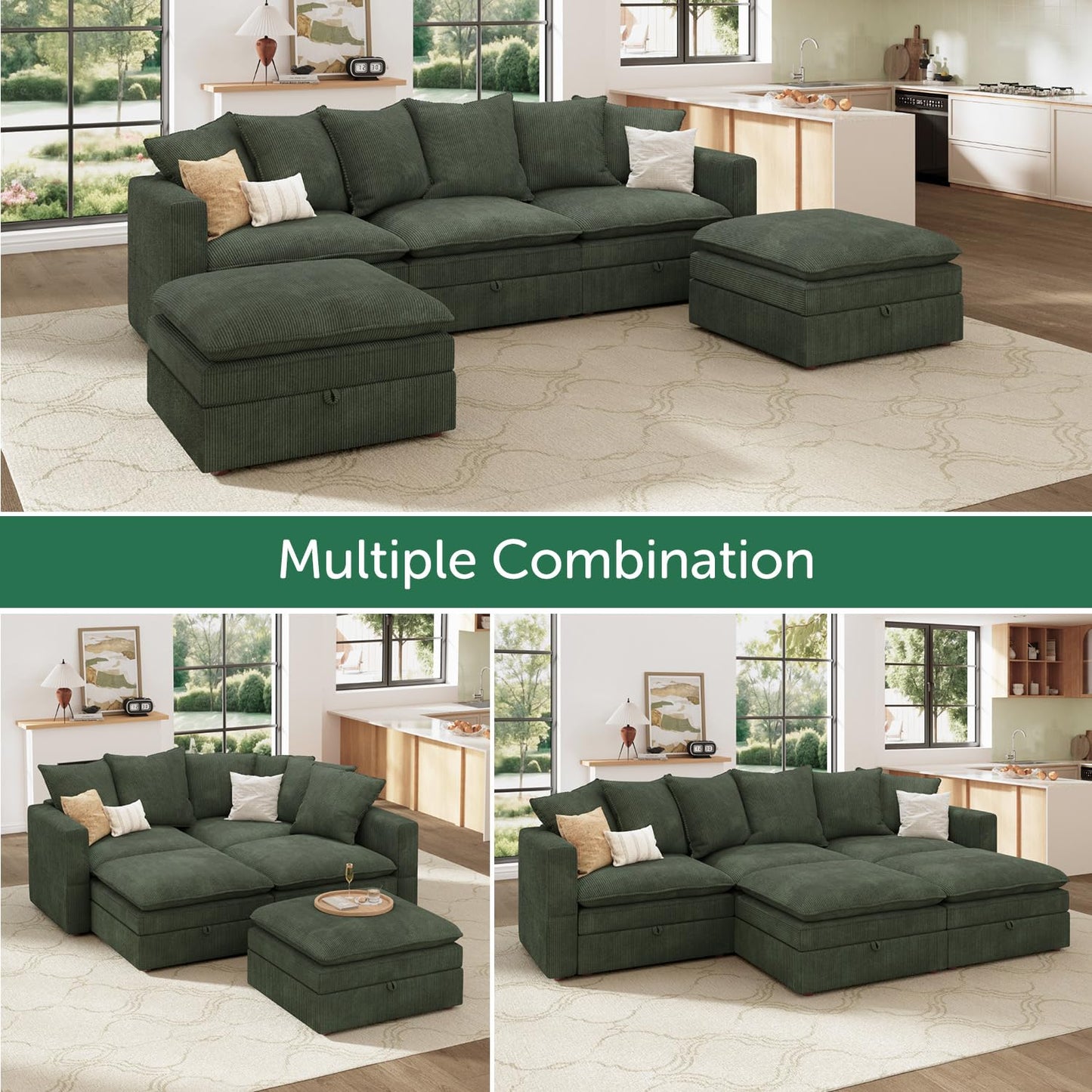 HONBAY Modular Sectional Sofa, 105.5 Inch Deep Seat U Shaped Couch with Storage & Adjustable Armrest Backrest, Green