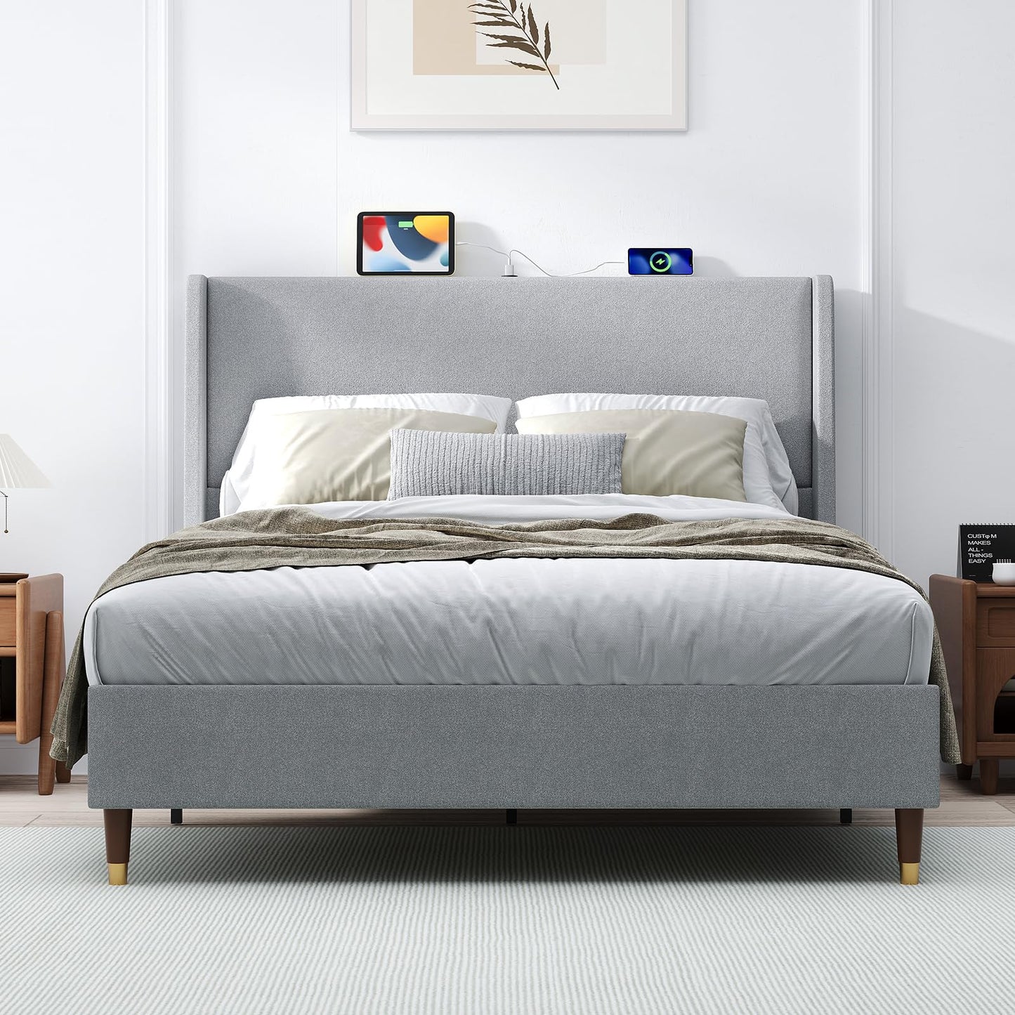 MALOL Queen Bed Frame with Upholstered Linen Headboard, Platform Bed with USB Charging Ports, Sturdy Metal Frame, No Box Spring Required, Quiet Noise-Free Modern Bedroom Furniture, Grey