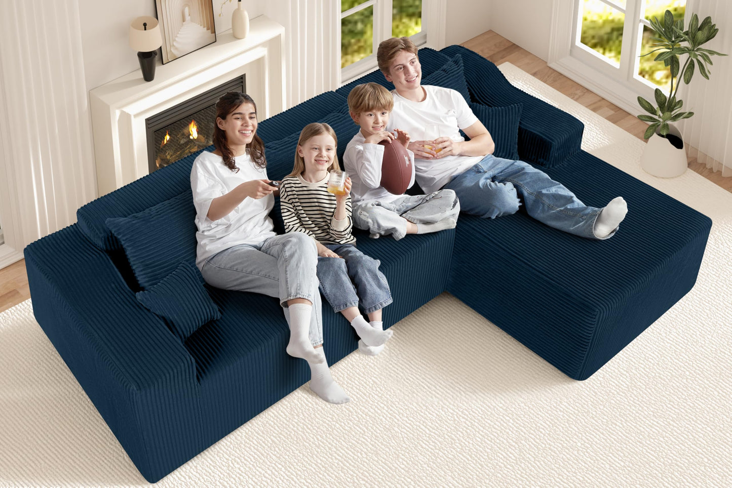 HABUTWAY 105" Modular Sectional Couches for Living Room, Boneless Couch with L-Shape Chaise,Comfy Sofa Living Room Sofas with Deep Seat,No Assembly, Corduroy Fabric(Blue,Right)
