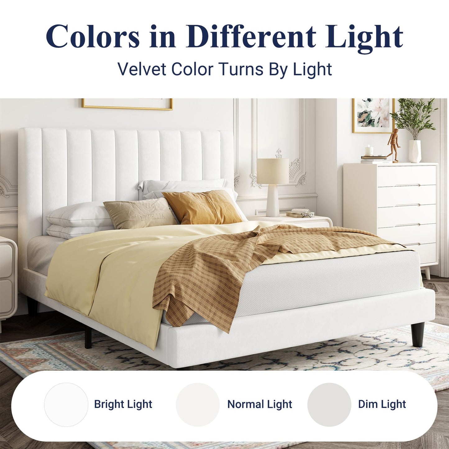 Allewie Full Bed Frame/Velvet Upholstered Bed Frame with Vertical Channel Tufted Headboard/Strong Wooden Slats/Platform Bed Frame/Mattress Foundation/Box Spring Optional/Easy Assembly/White