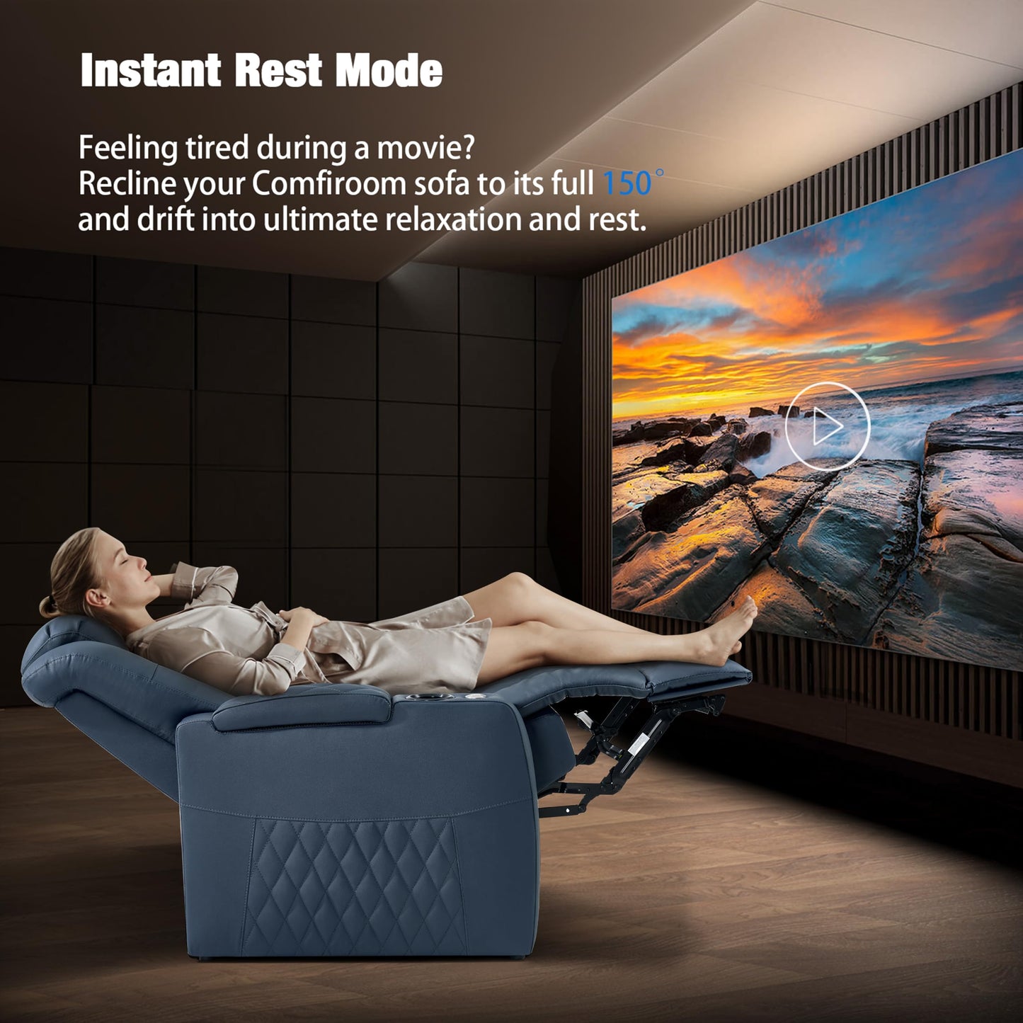 comfiroom Home Theater Seating Classic Series Top Grain Leather Loveseat Recliner Chair Dual Power Movie Theater Chairs Gaming Sofa Electric Headrest with Tray Table (Blue, Row of 4 Loveseat Right)