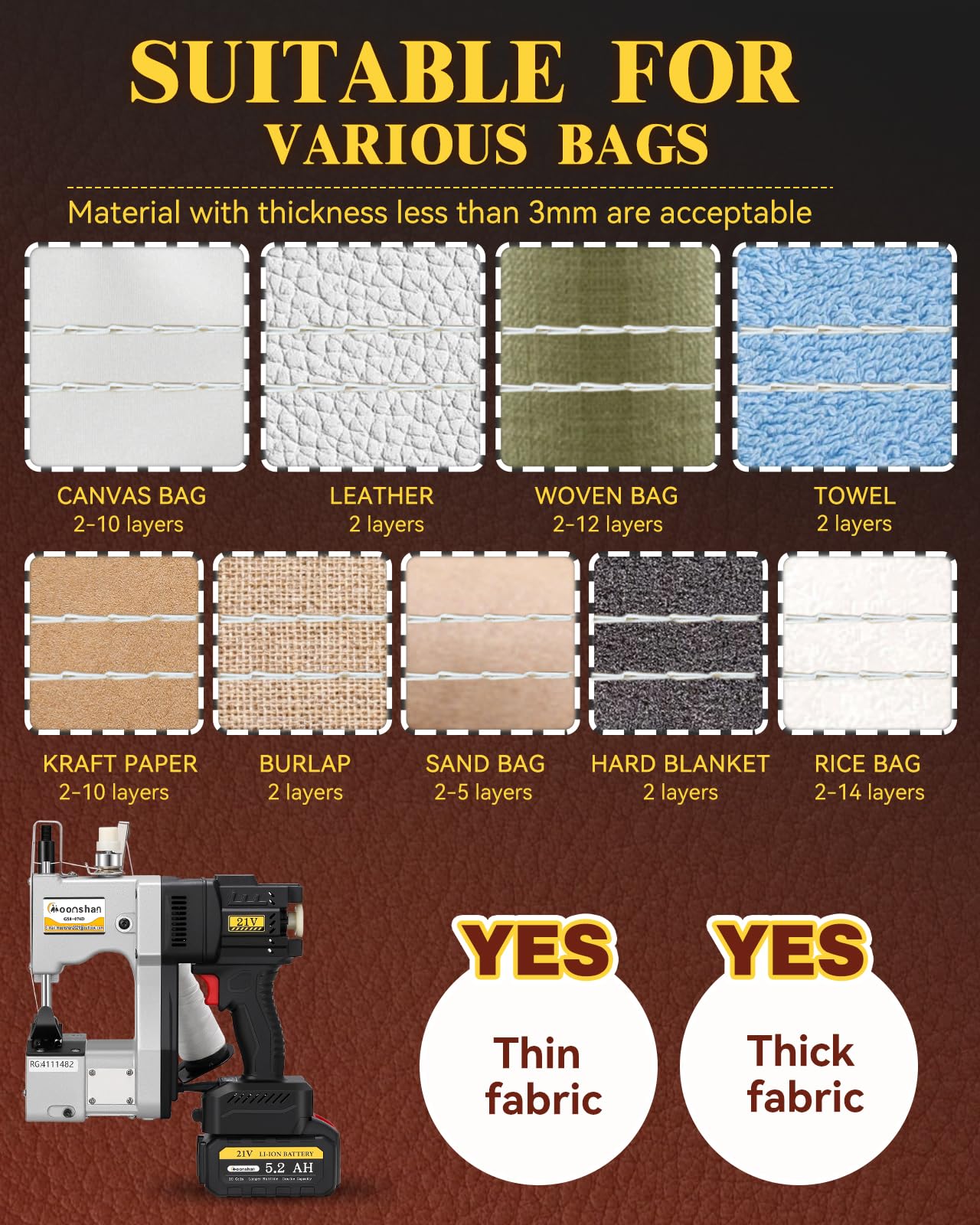Moonshan Cordless Bag Closer Machine, Adjustable Speed Industrial Bag Closing Machine Bag Sewing Machine Aluminum Alloy for Packing Woven Bags Leather GS8-074D
