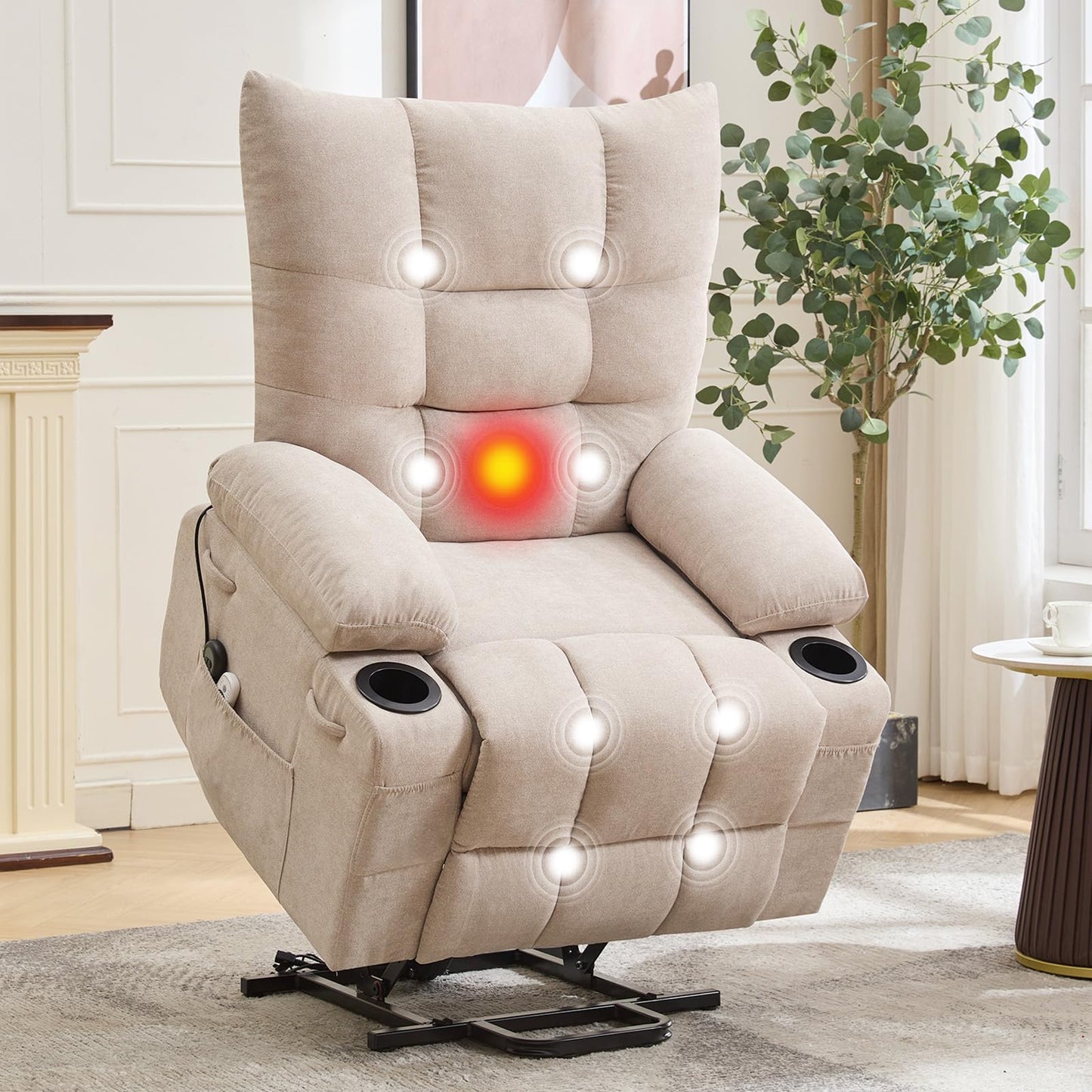 GarveeHome Power Lift Recliner Chair for Elderly with Massage and Heat, Oversized Electric Massage & Heat Recliner with Soft Padded Upholstery, Side Pocket & Cup Holders for Living Room, Beige