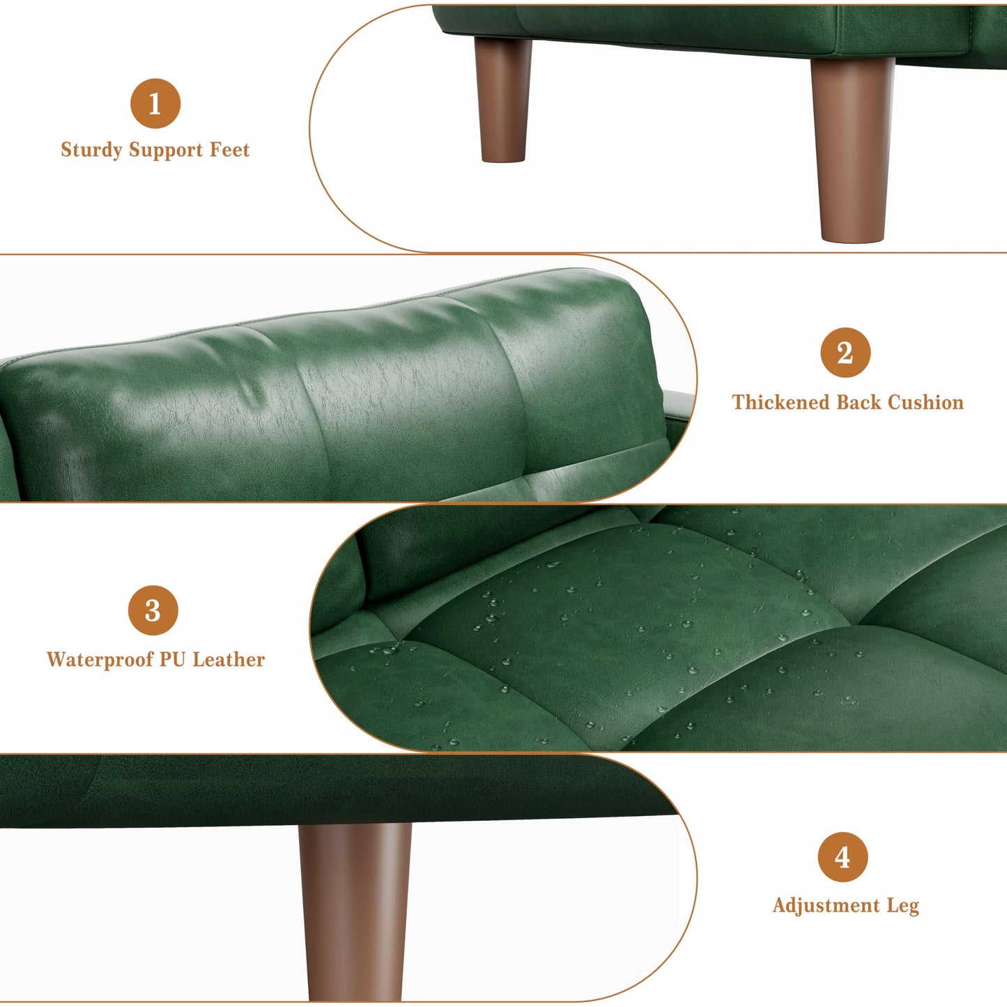 GarveeHome 3-Seater Sofa Couch, 83 in Wide Faux Leather Sofa Couch with Spring Cushion, Modern Sofa with Deep Seats and 2 Removable Back Cushions, for Living Room, Bedroom, Apartment, Office, Green