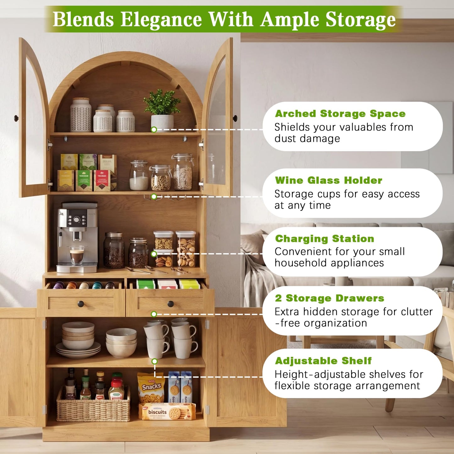 KEIKI 75 Inch Farmhouse Pantry Cabinet with Charging Station, Tall Arched Coffee Bar Cabinet with Adjustable Shelves & Drawer, Freestanding Storage Sideboard for Kitchen Dining Room Living Room, Oak