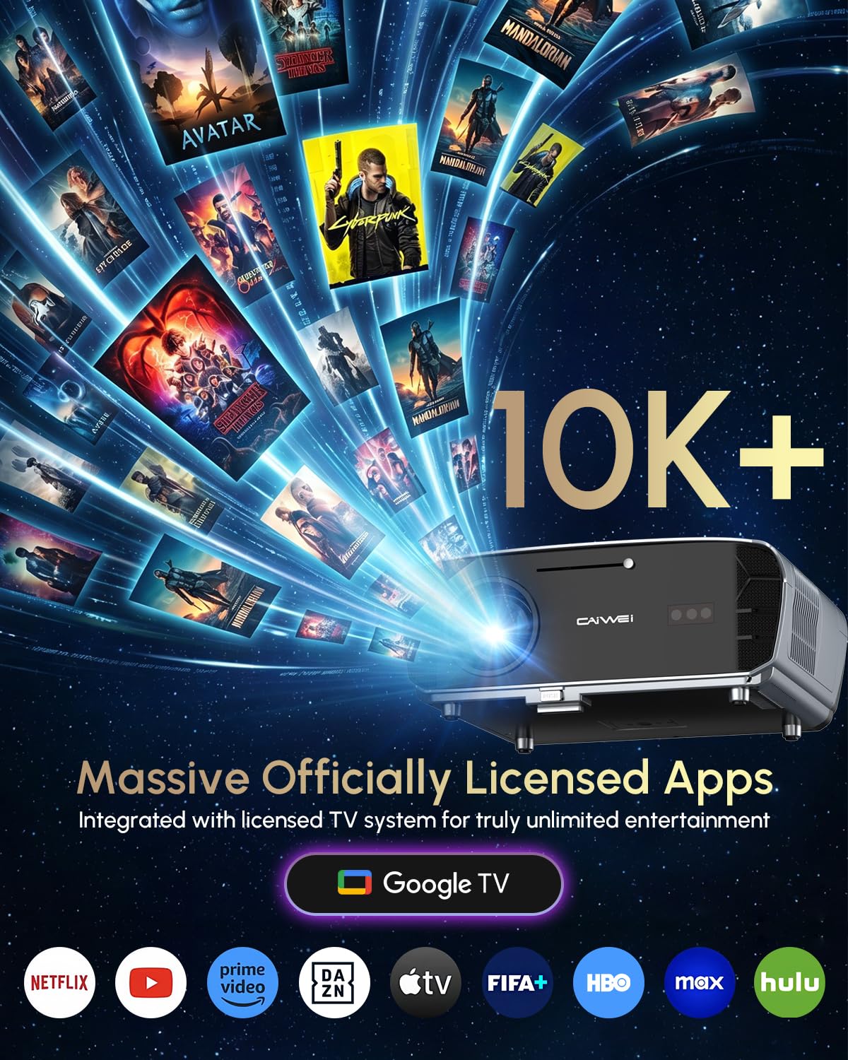 Smart Projector 4K with Google TV, 2400 ANSI Lumens Daytime Viewing, HDR10, NFC, WiFi 6,Bluetooth 5.4, DB Audio, HDMI ARC 2.1,Auto Focus&Keystone,Zoom,Ceiling Mount Home Theater Movie&Gaming Projector