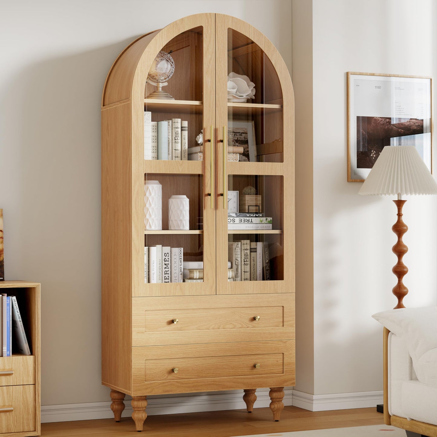 Shintenchi Tall Arched Kitchen Pantry, Modern Farmhouse Wood Kitchens Storage Cabinet with Glass Doors & Adjustable Shelves and 2 Large Drawers,Versatile Cupboard for Kitchen, Dining Room, Natural