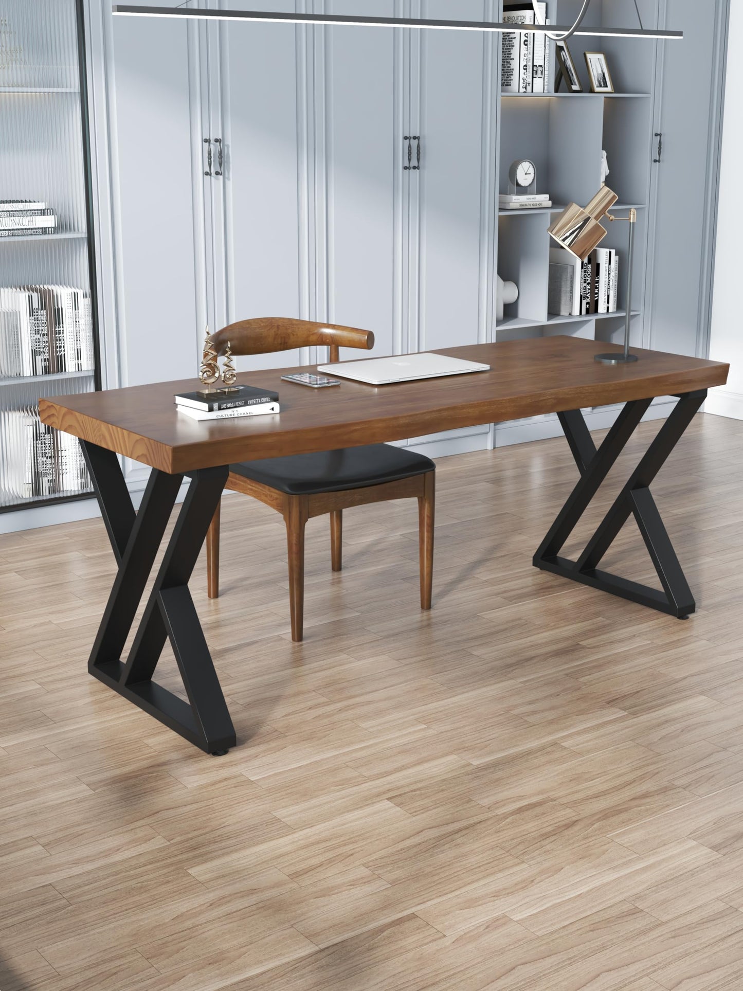 QZYJKJ 55inch Solid Wood Desk Wide Home Office Desk,Metal Modern Industrial Writing Table, Workstation, Perfect Table for Your workspace Study Table Furniture in Rustic Natural Aged Brown