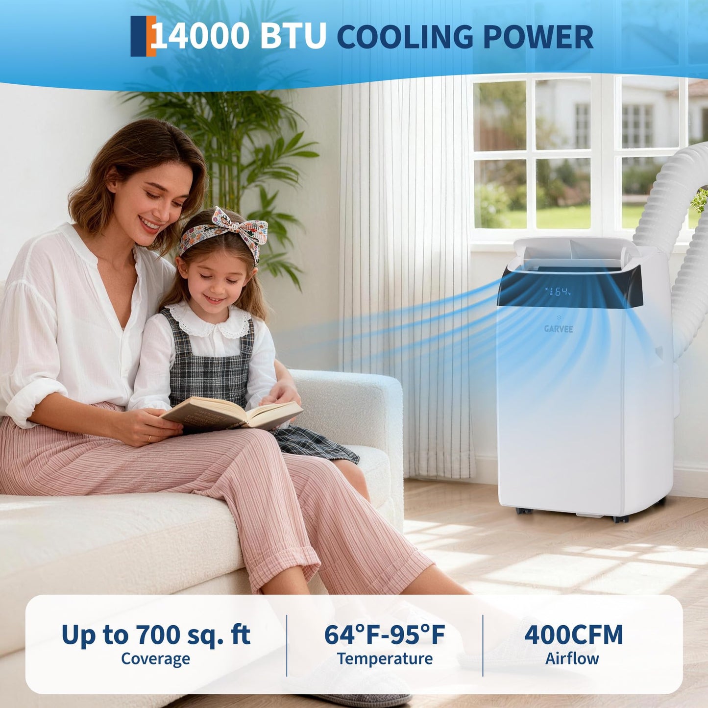 Garvee 14,000 BTU Inverter Portable Air Conditioner, Dual Hose with Heat Pump, Energy Efficient Smart AC Unit for Rooms Up to 700 sq.ft, Quiet Cooling & Dehumidifier with Remote