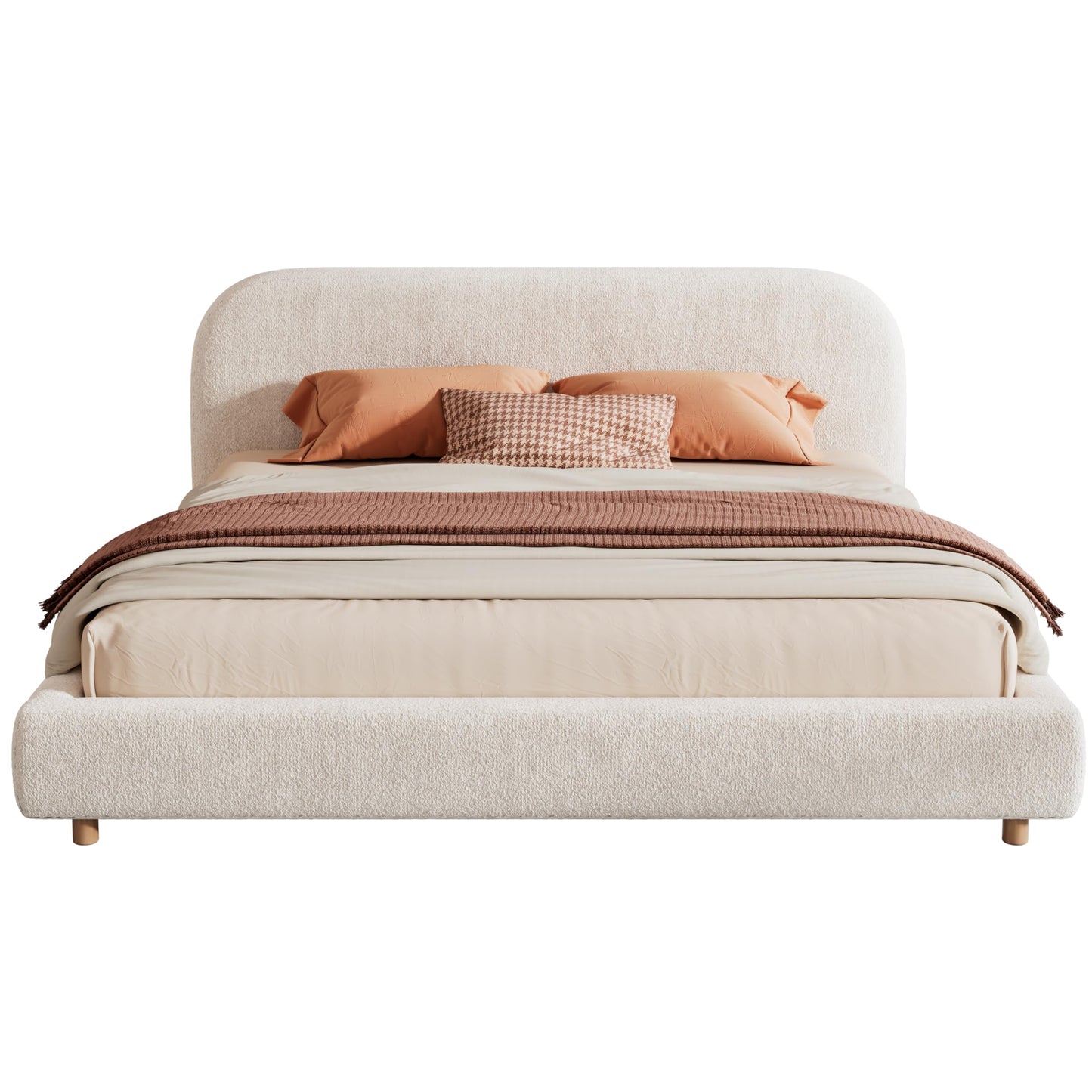 Christopher Knight Home Hazel California King Bed Frame with Headboard, Boucle Upholstered Platform Bed, Wooden Frame, Soft Curved Headboard, Slats Panel Support, No Box Spring Needed, White
