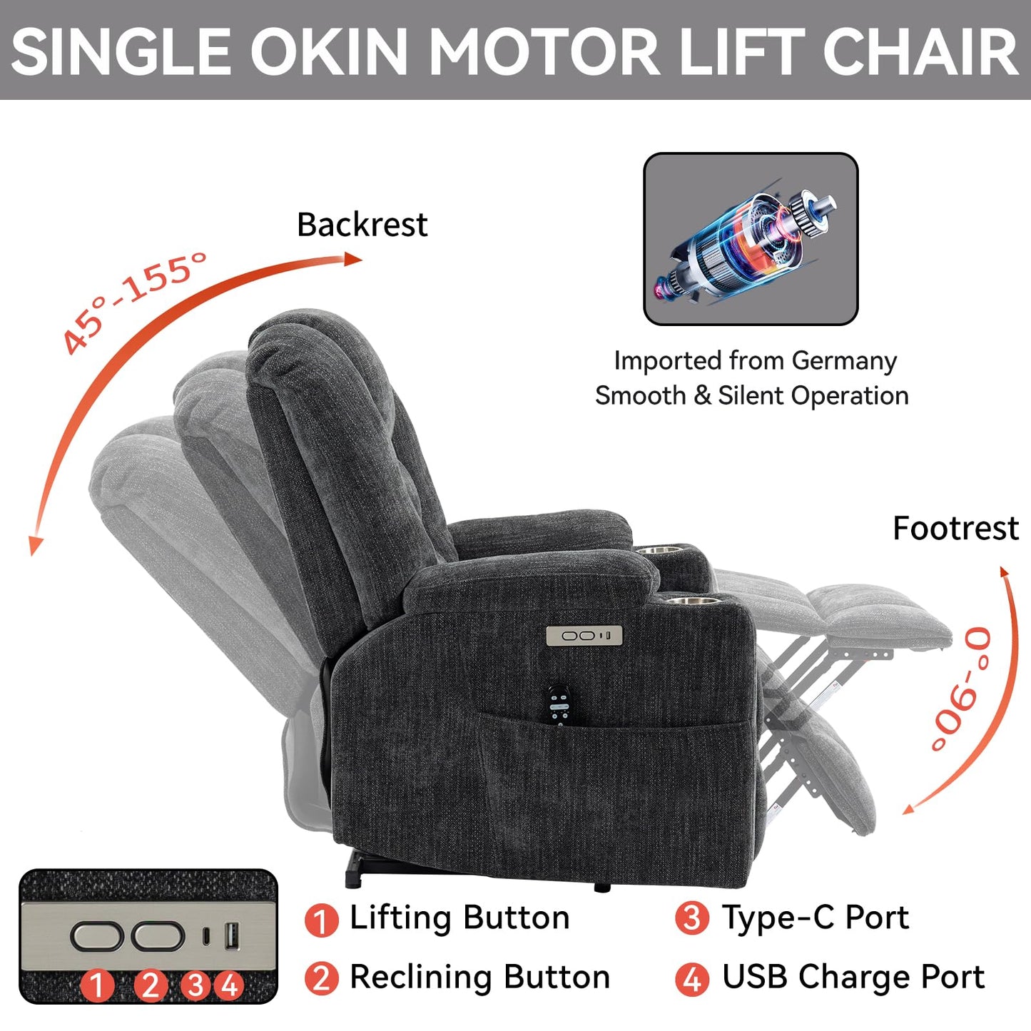 KEIKI Oversized Power Lift Recliner Chair with Heat & Massage, Reding Rocking Chair for Elderly, High Seat Comfy Chenille Recliner with Side Pockets, USB Port, Cup Holders & Lumbar Support, Grey