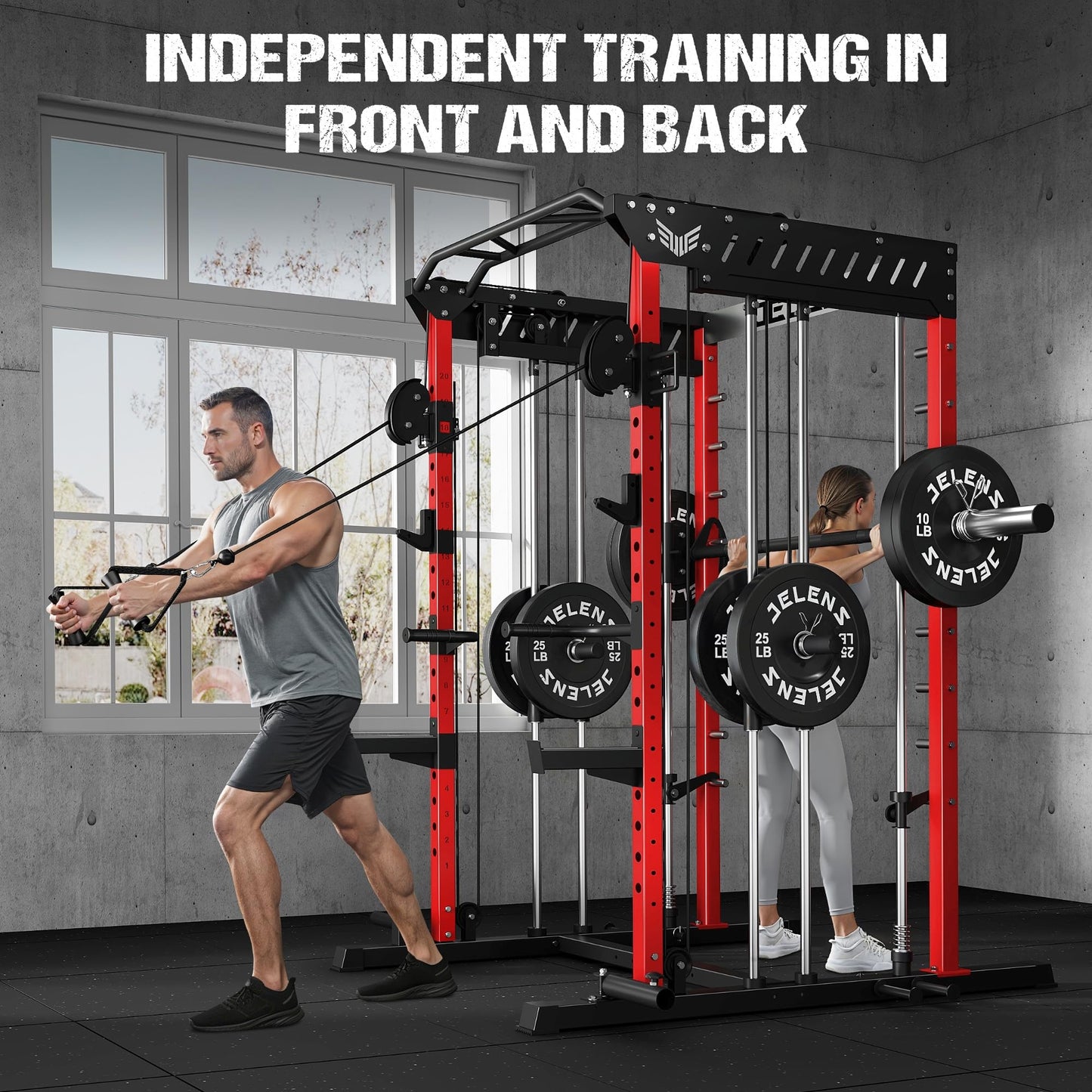 JELENS M21 Smith Machine, Multi-Function Power Cage with Dual Pulley Cable Crossover System, 2000LBS All-in-One Squat Rack with Smith Bar and Attachments (Red, M21 Smith Machine)