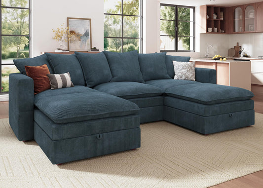 HONBAY Modular Sectional Sofa, 105.5 Inch Deep Seat U Shaped Couch with Storage & Adjustable Armrest Backrest, Blue