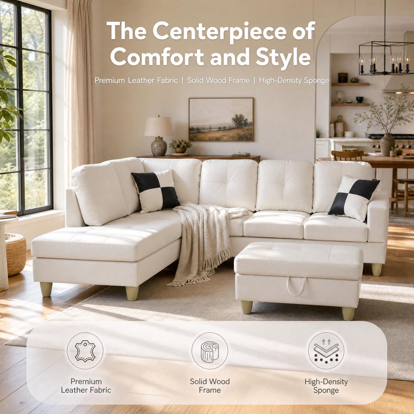 NicBex Sectional Couches for Living Room 2-Piece Modern Sectional Sofa with Left Chaise Classic L-Shape Sectional Couch Leather Upholstered Sofa Couches for Living Room, Office, Bright White