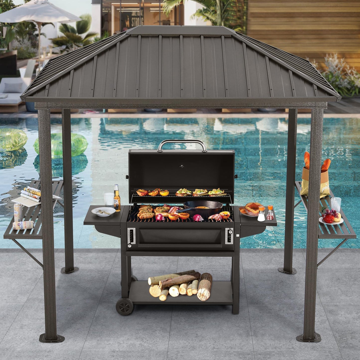 ABCCANOPY 6x8 Grill Hardtop Gazebo - Outdoor Permanent Barbecue Gazebo with Galvanized Steel Roof, Aluminum BBQ Canopy with Shelves for Patio, Lawn, Garden (Single Roof, Gray)