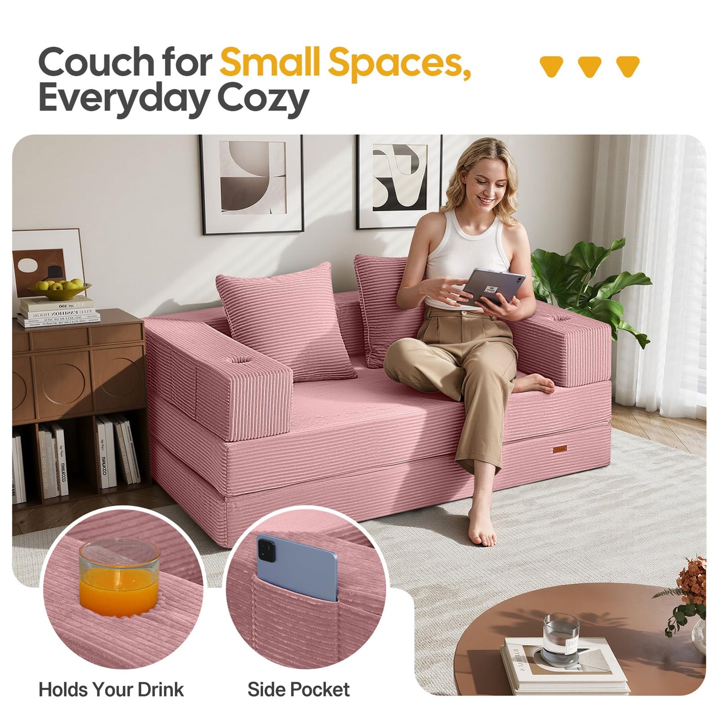 COMAX Futon Sofa Bed, 4‑in‑1 Convertible Sofa Bed, Folding Boneless Couches for Living Room, Fold Out Small Foldable Loveseat Floor Sleeper Comfy Mattress Lounge Space‑Saving, Pink