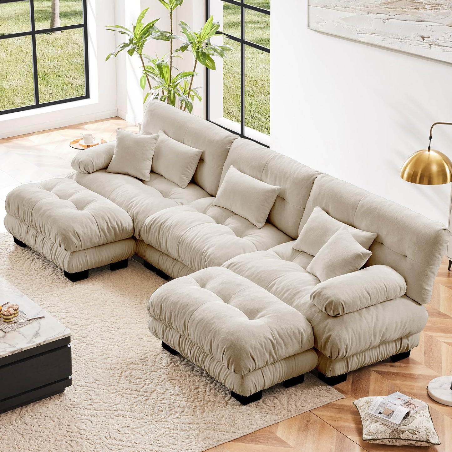 KEIKI 133" Sectional Sofa with Removable Ottomans, 5 Seat U Shaped Sleeper Cloud Couch Set, Comfy Chenille Upholstered Modular SofaBed for Apartment Living Room, Throw Pillows, Light Coffee