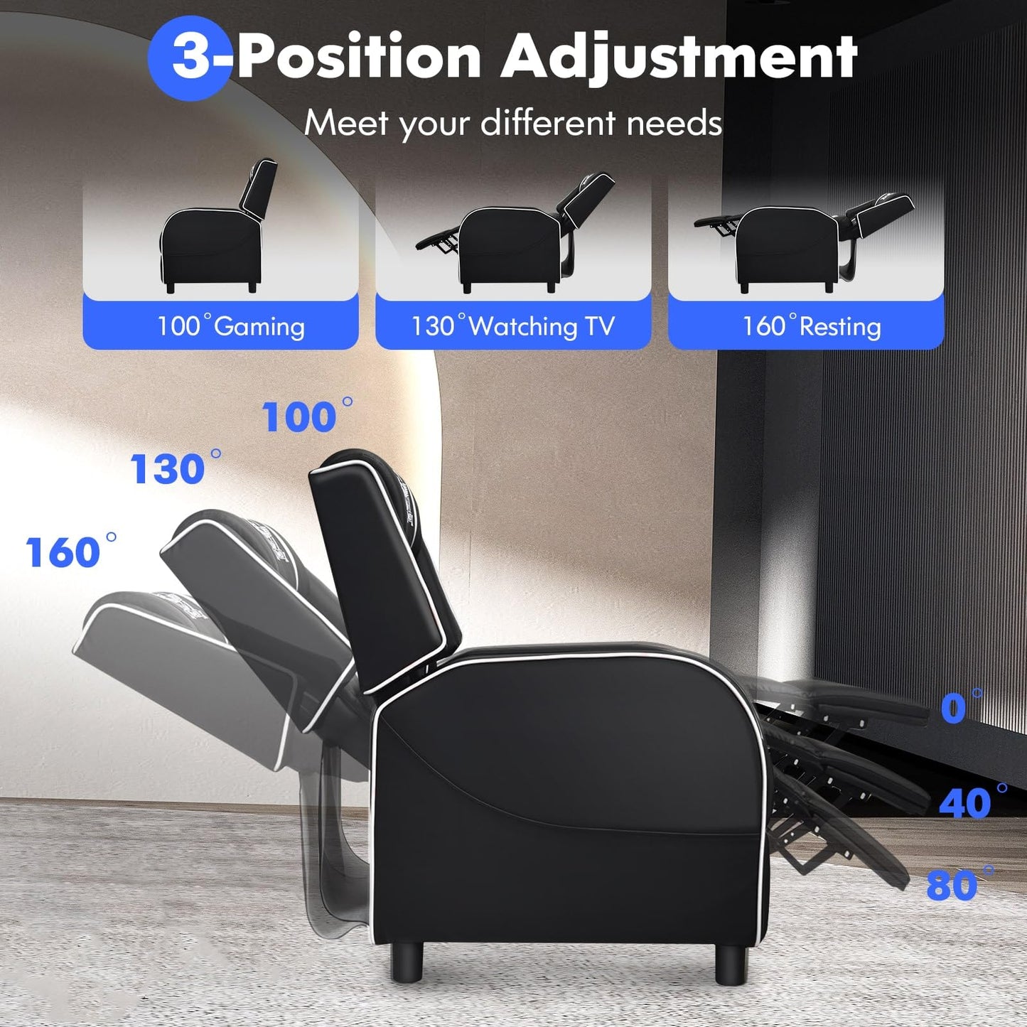 GYMAX Gaming Recliner, Massage Gaming Chair with Adjustable Backrest Footrest, Remote Control & Side Pocket, Ergonomic Game Lounge Chair, Racing Style Single Theater Seat Game Sofa for Adults (White)