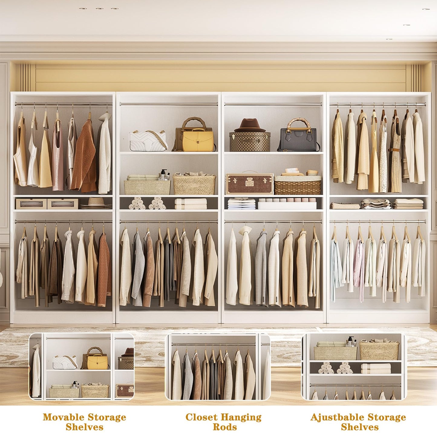 Unikito 12FT Modular Closet System with 8 Hanging Rods, 2800LBs Wood Garment Rack, 4-Pieces Ultra-Wide Walk-in Closet Organizer, Freestanding Clothing Shelves, White
