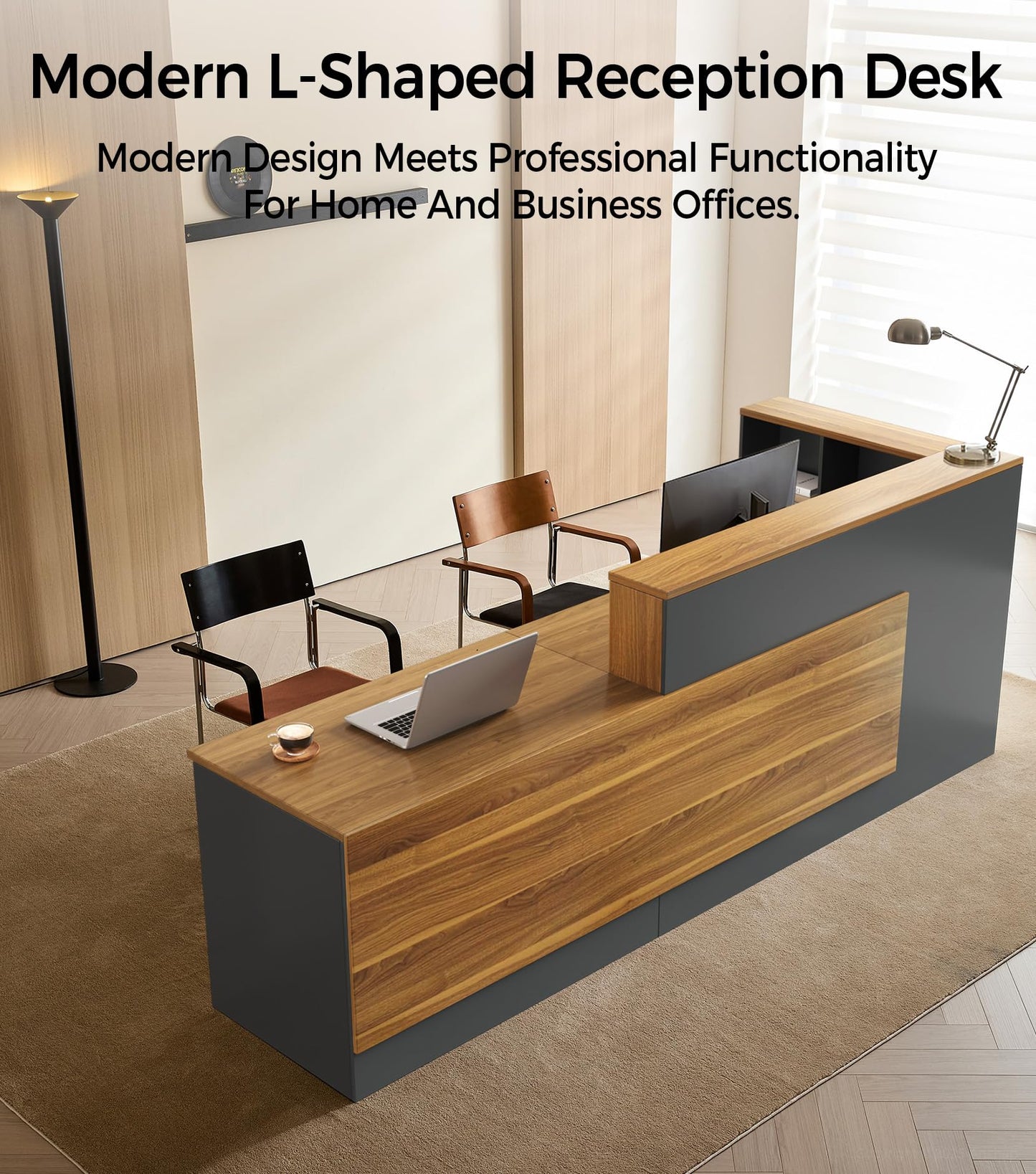 Modern L-Shaped Reception Desk with Counter - 87 inch Front Desk with Storage Cabinet, Open Shelves, Lockable Drawer & Keyboard Tray for Office, Lobby, Checkout (Dark Walnut & Iron Gray - Left)