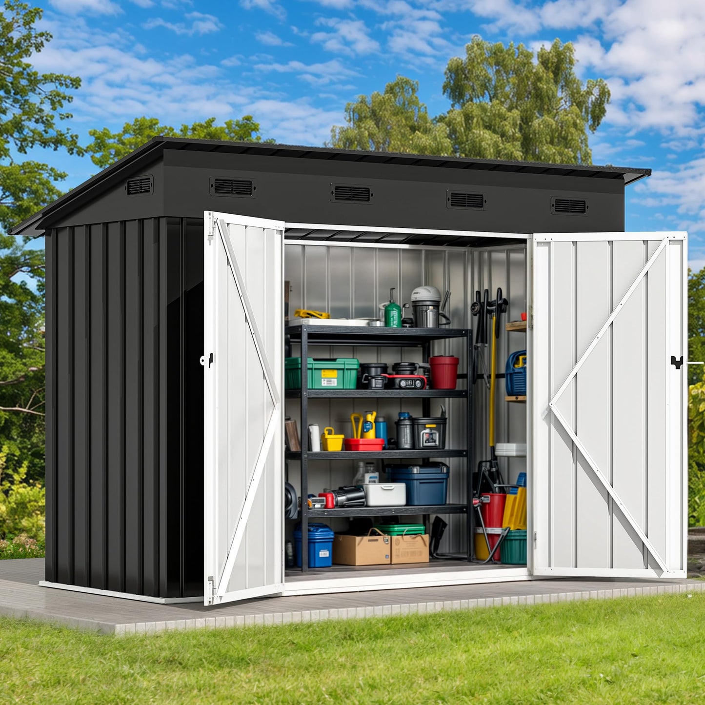 DWVO 9' x 4' Outdoor Storage Shed, Lockable Double Doors, Sloped Roof, Heavy-Duty Steel Shed for Garden & Patio, Large Backyard Tool Organizer, Dark Gray
