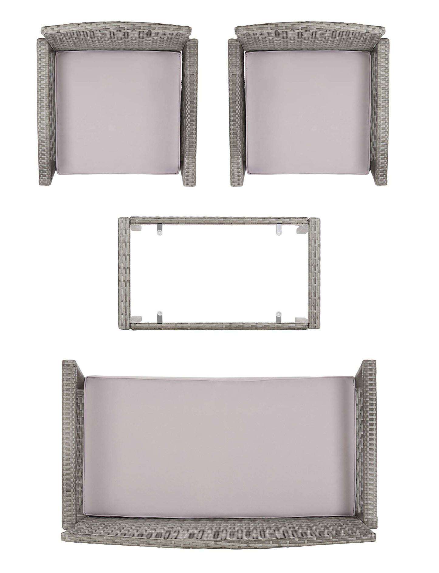 SAFAVIEH Outdoor - Bassey 4-Piece Conversation Set - Grey & Grey - Steel Frame with Cushion - Tropical Resort Woven Design with Glass Top Table - Ideal for Patio, Deck, Porch, Backyard (PAT7507B)