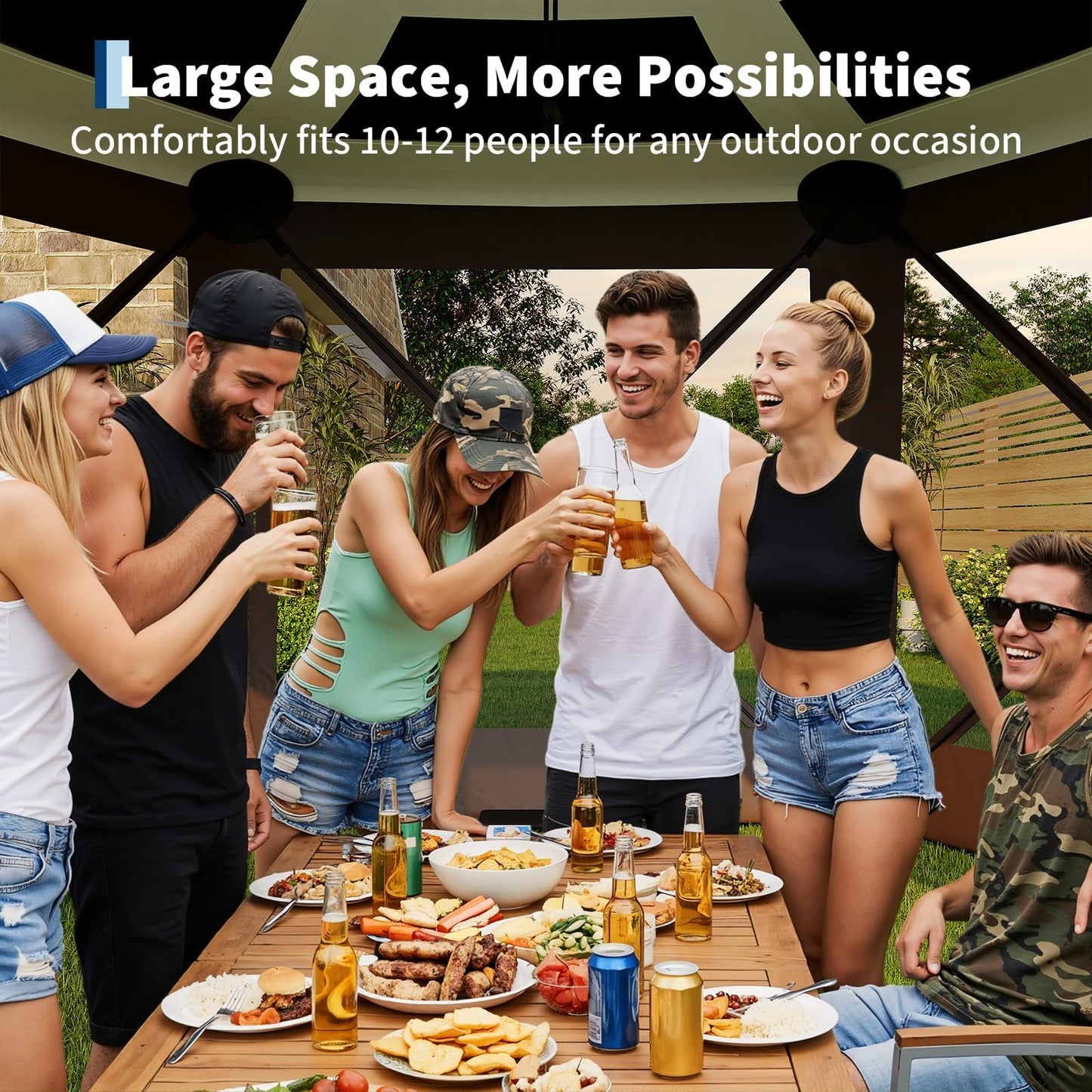 GarveeLife 11.5x11.5FT 6-Sided Pop Up Gazebo Tent，One-Push Setup Canopy Tent with Mesh Panels & Removable Wind Cloths, Outdoor shelter for Camping, Backyard Parties, Outdoor Events - Beige & Khaki